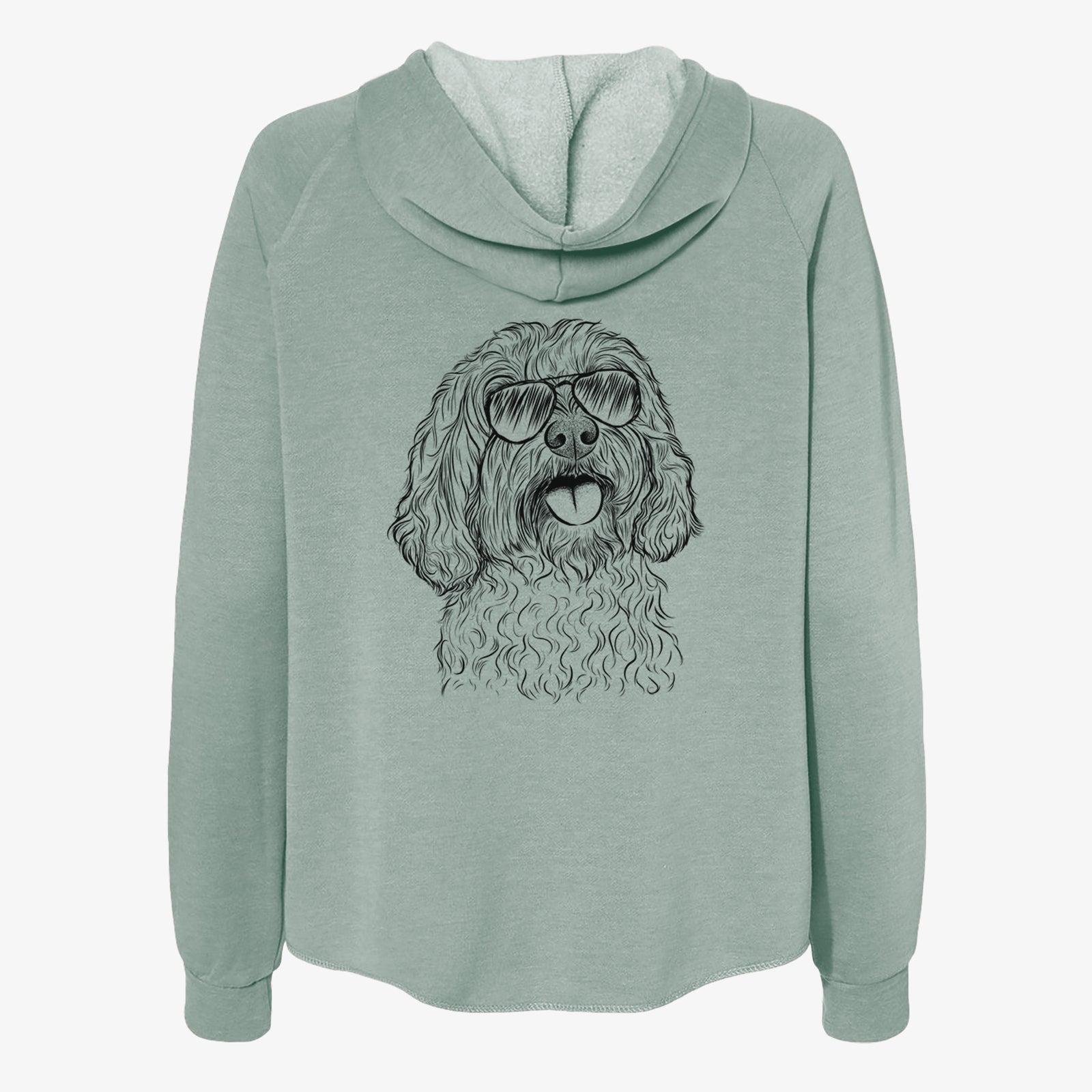 Hand-drawn sketch of Cali the Cavapoo wearing aviator sunglasses on a Sage Women's cali wave zip-up sweatshirt