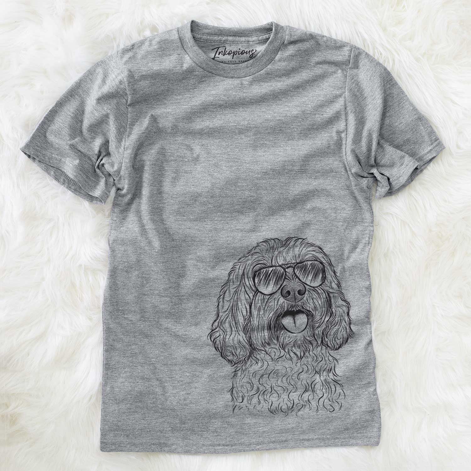 Hand-drawn sketch of Cali the Cavapoo wearing aviator sunglasses on a Grey Unisex crewneck