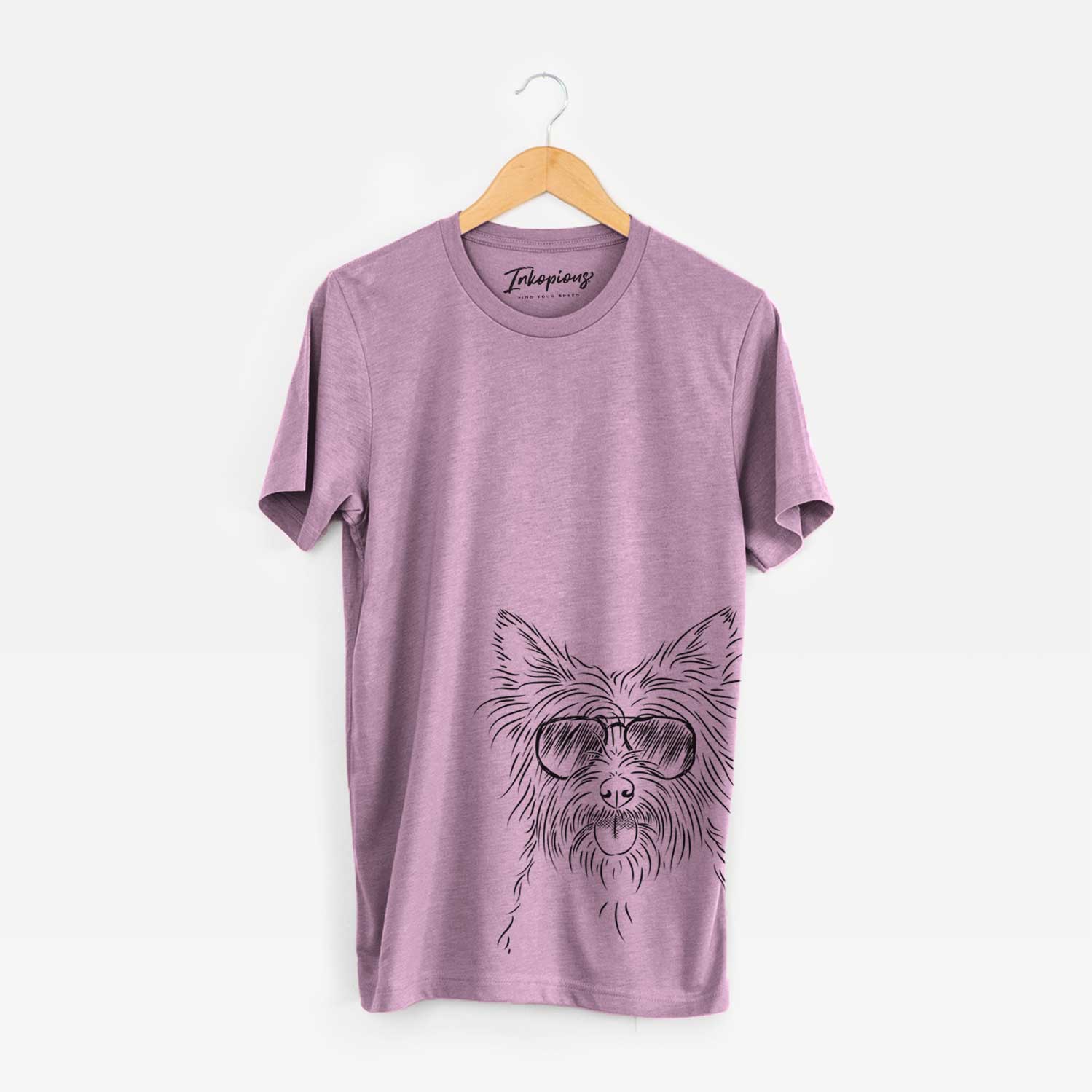 Hand-drawn sketch of Calum the Cairn Terrier wearing aviator sunglasses on an Orchid Bella Canvas Unisex Crewneck