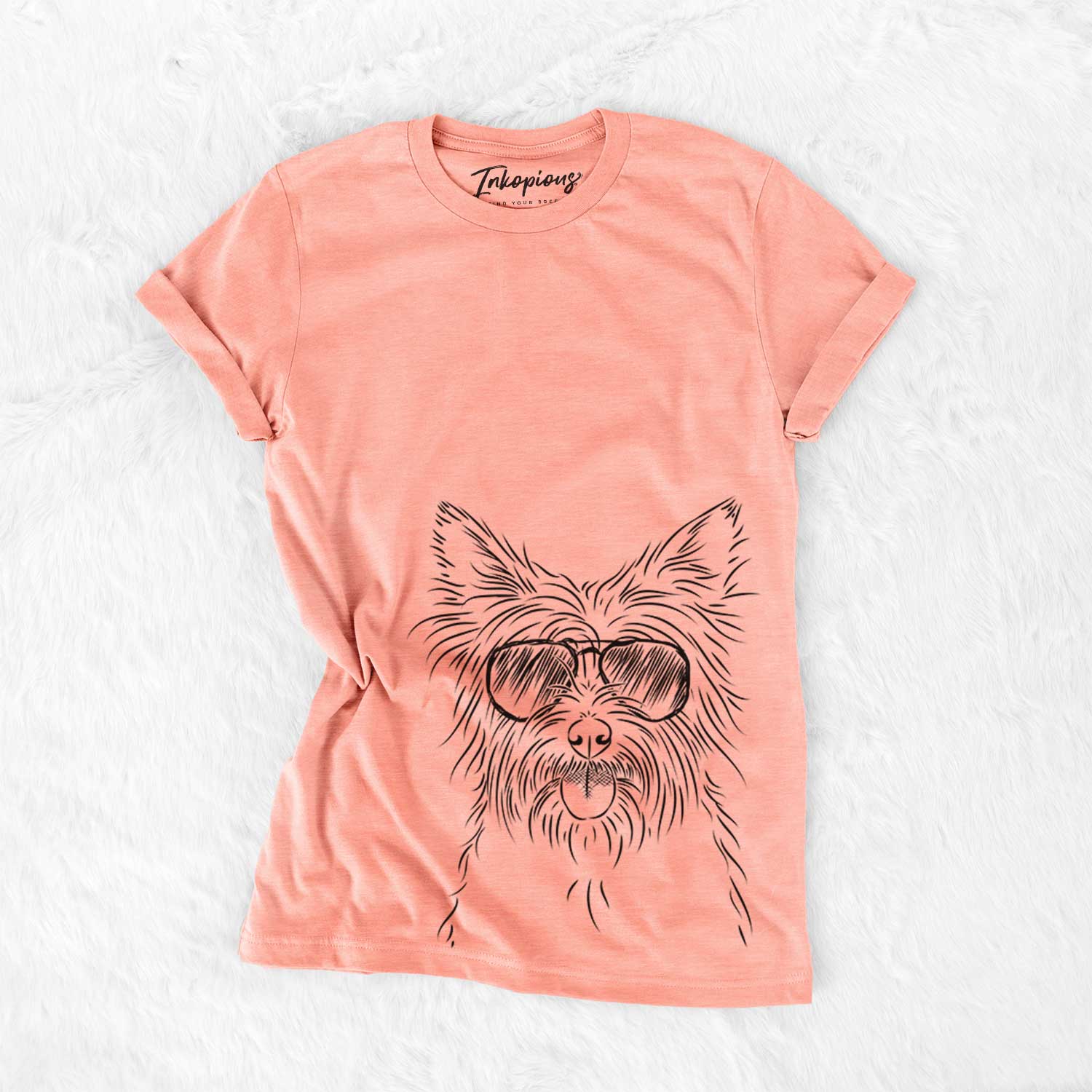 Hand-drawn sketch of Calum the Cairn Terrier wearing aviator sunglasses on a Sunset Bella Canvas Unisex Crewneck