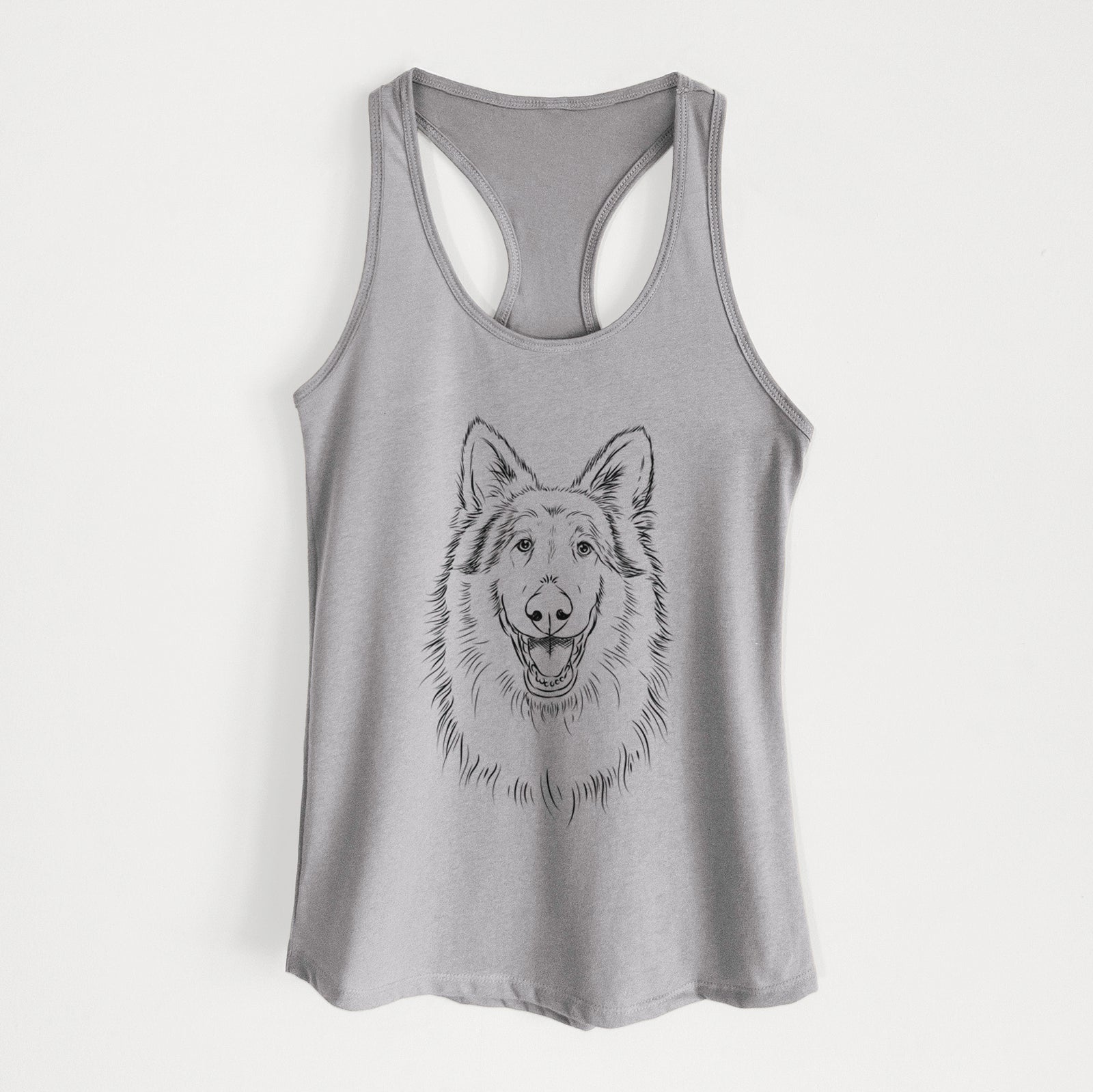 Hand-drawn sketch of Cannon the Rough Collie wearing aviator sunglasses on a Heather Grey Women's racerback tanktop