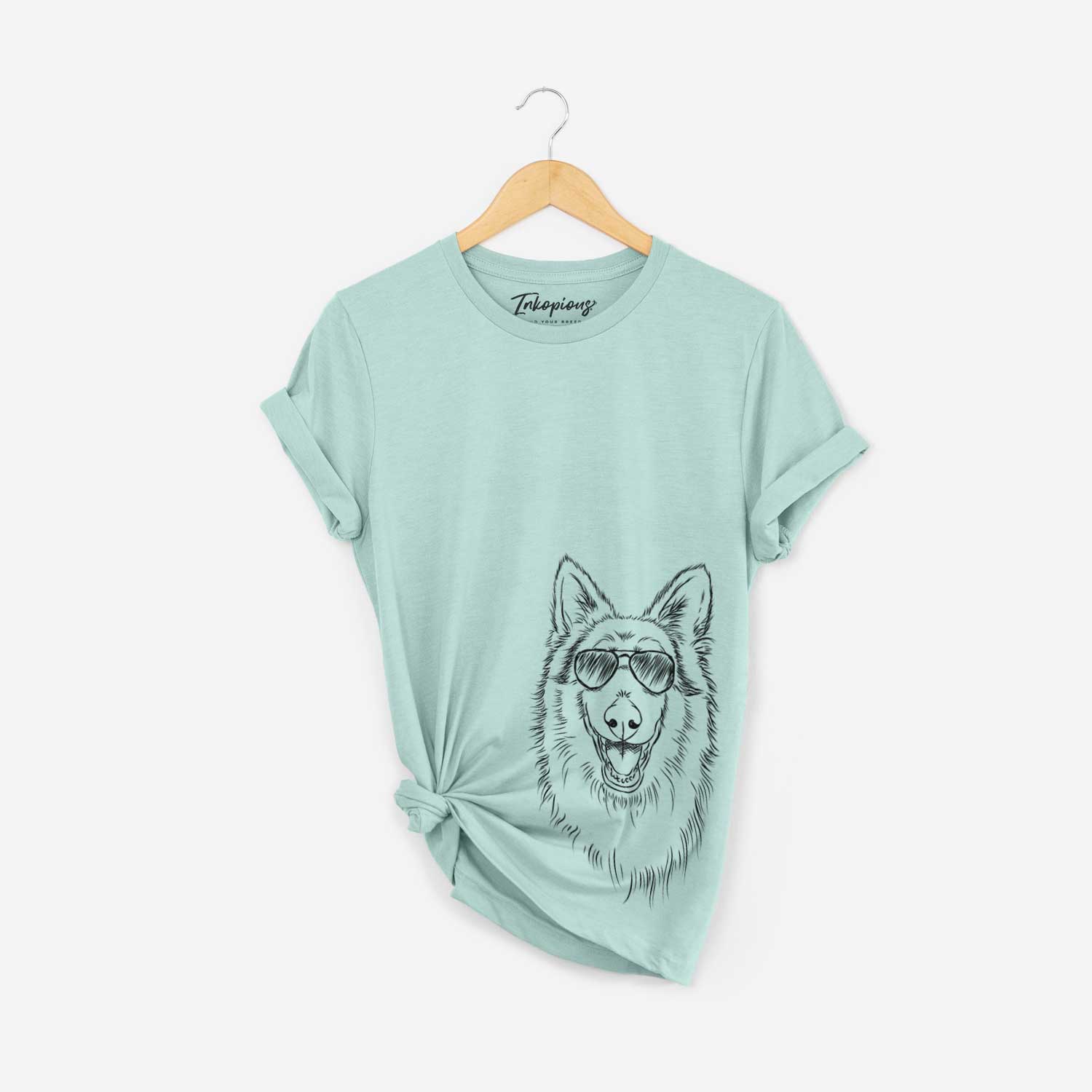 Hand-drawn sketch of Cannon the Rough Collie wearing aviator sunglasses on a Heather Sage Bella Canvas Unisex Crewneck