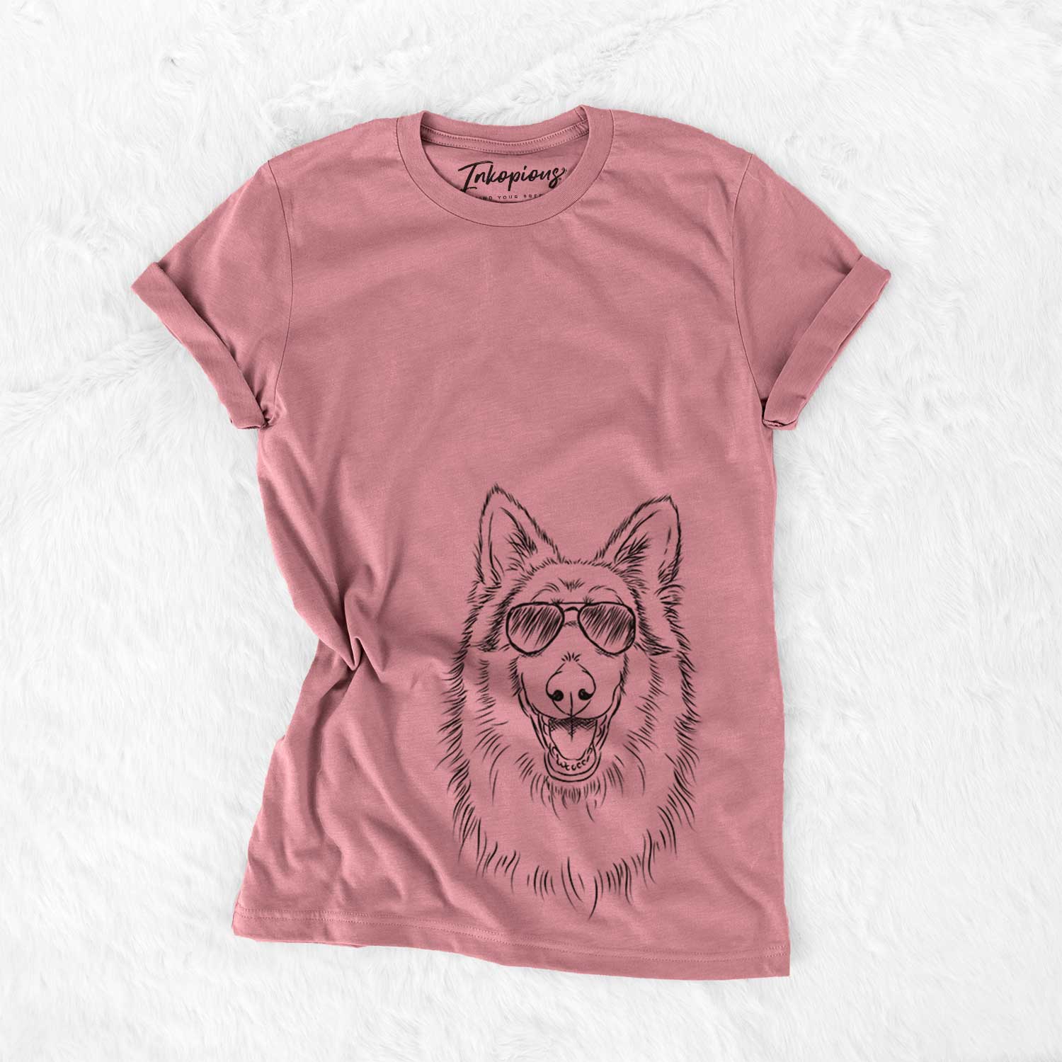 Hand-drawn sketch of Cannon the Rough Collie wearing aviator sunglasses on a Mauve Bella Canvas Unisex Crewneck