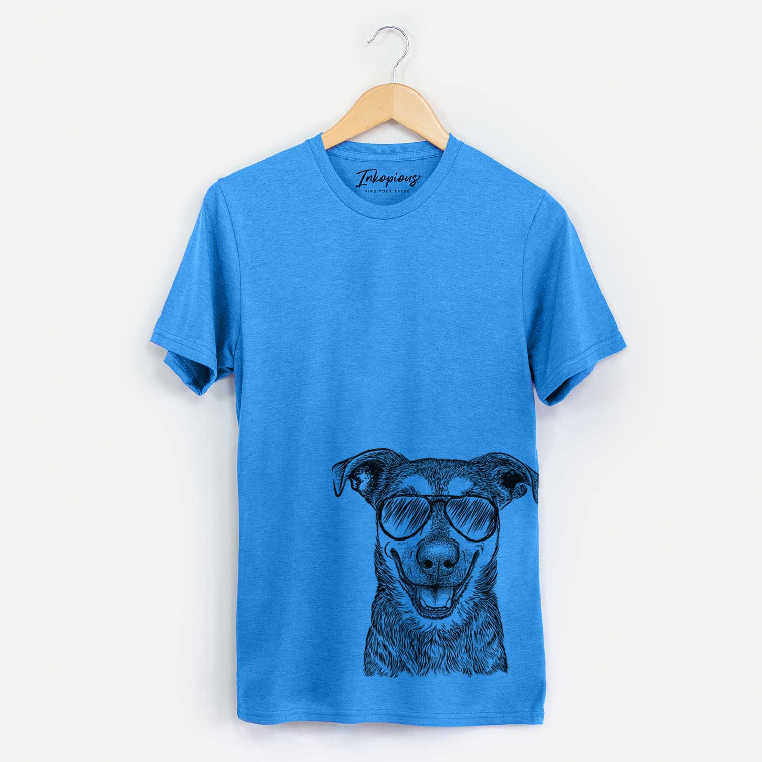 Hand-drawn sketch of Case the Mixed Breed wearing aviator sunglasses on a Blue Unisex crewneck