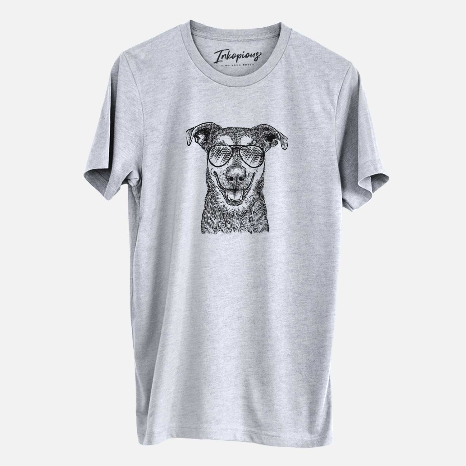 Hand-drawn sketch of Case the Mixed Breed wearing aviator sunglasses on a Grey Unisex crewneck