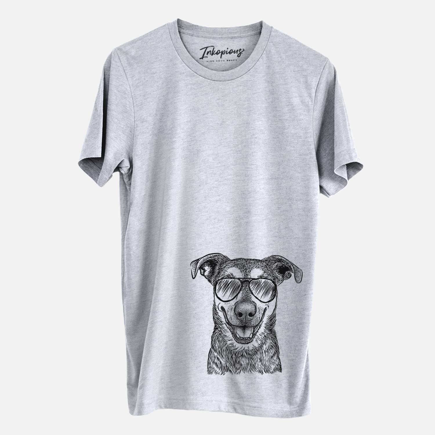 Hand-drawn sketch of Case the Mixed Breed wearing aviator sunglasses on a Grey Unisex crewneck