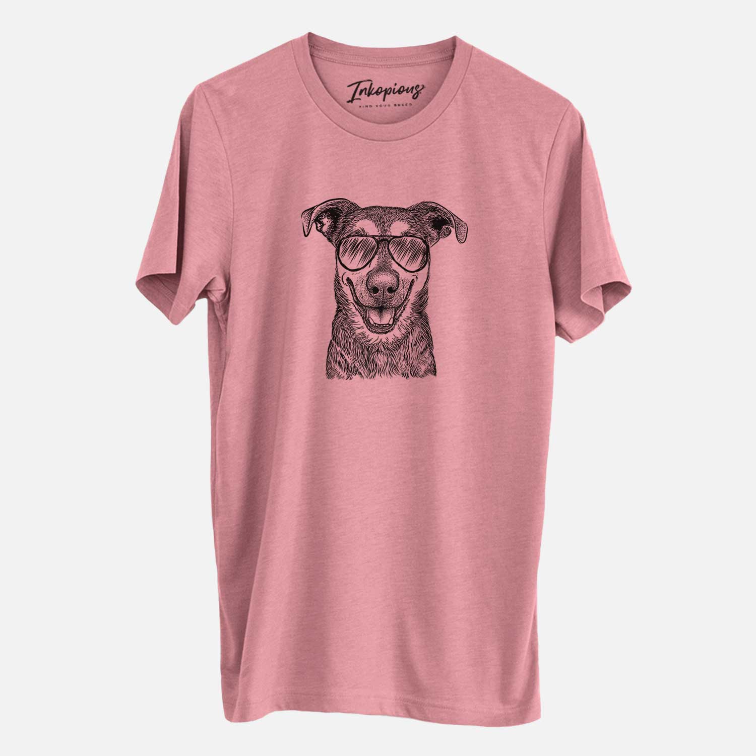 Hand-drawn sketch of Case the Mixed Breed wearing aviator sunglasses on a Mauve Unisex crewneck