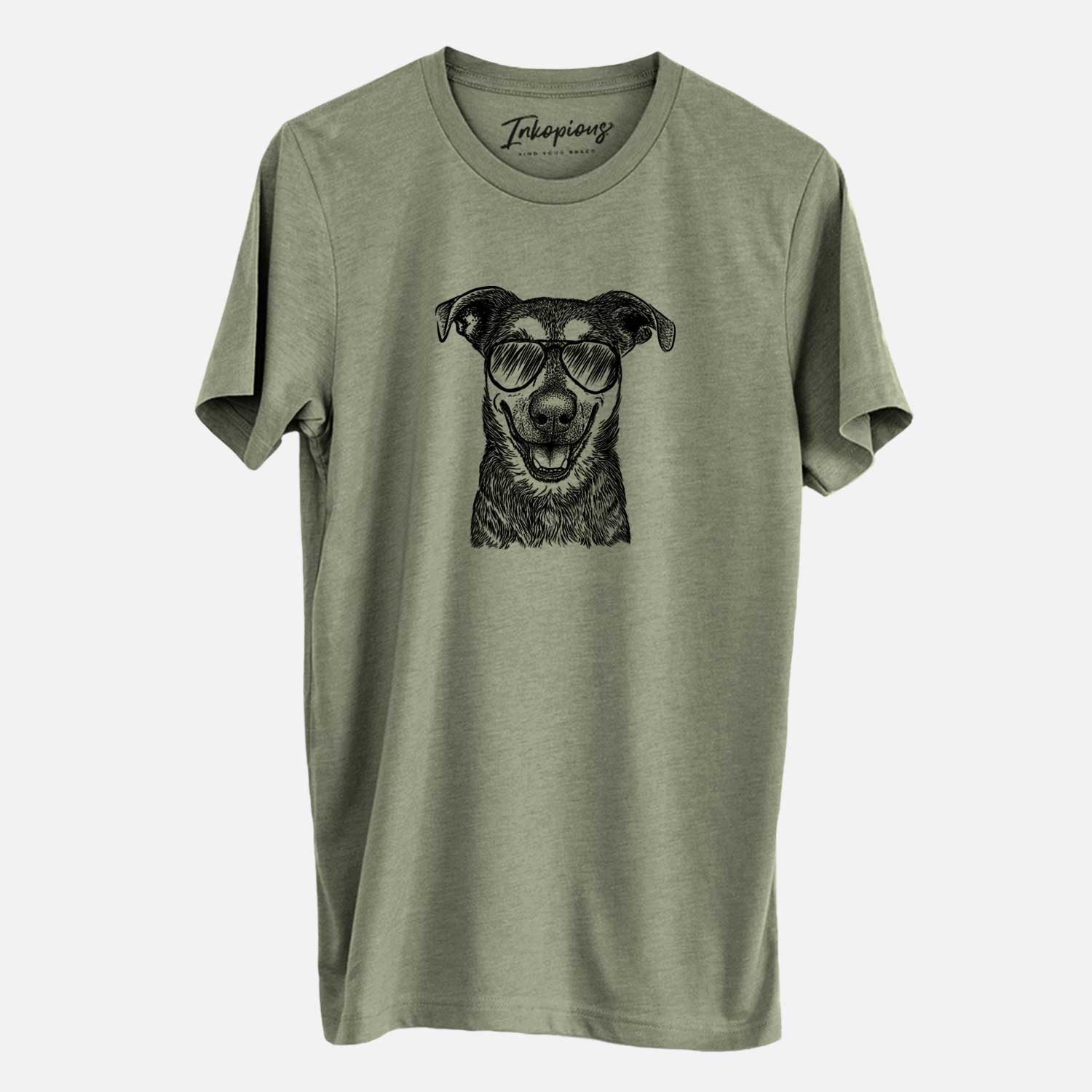 Hand-drawn sketch of Case the Mixed Breed wearing aviator sunglasses on an Olive Unisex crewneck