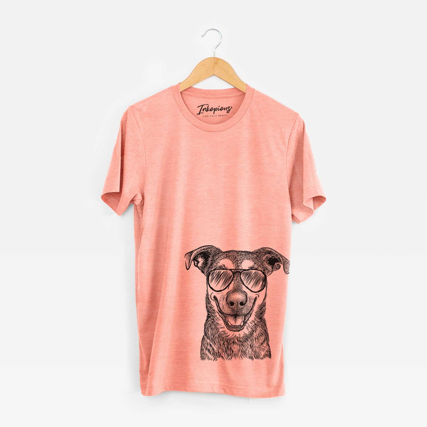Hand-drawn sketch of Case the Mixed Breed wearing aviator sunglasses on a Sunset Unisex crewneck