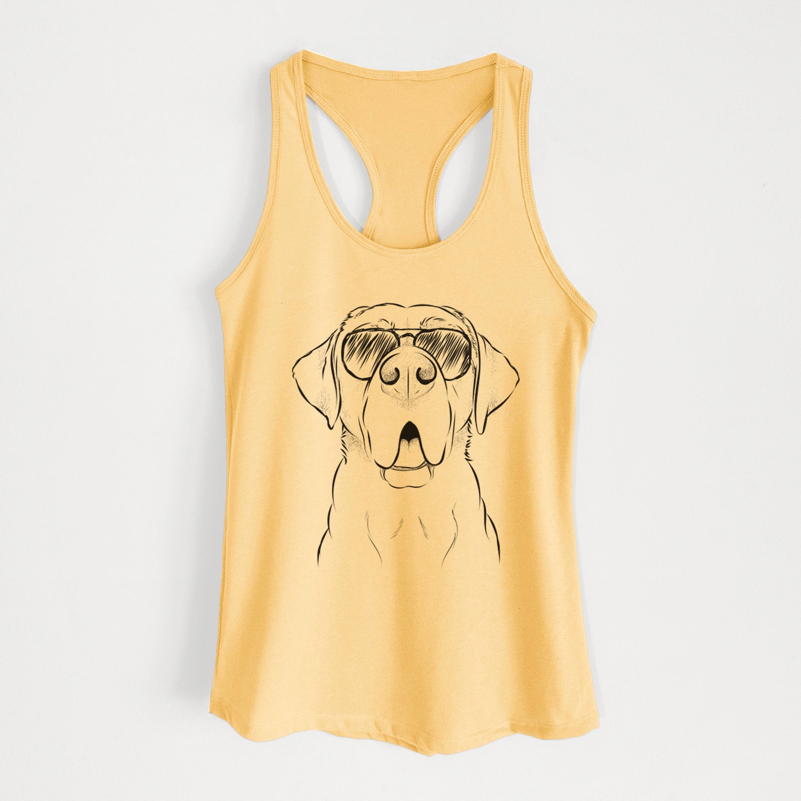 Hand-drawn sketch of Ceasar the Labrador Hound Mix wearing aviator sunglasses on a Banana Cream Women's racerback tanktop