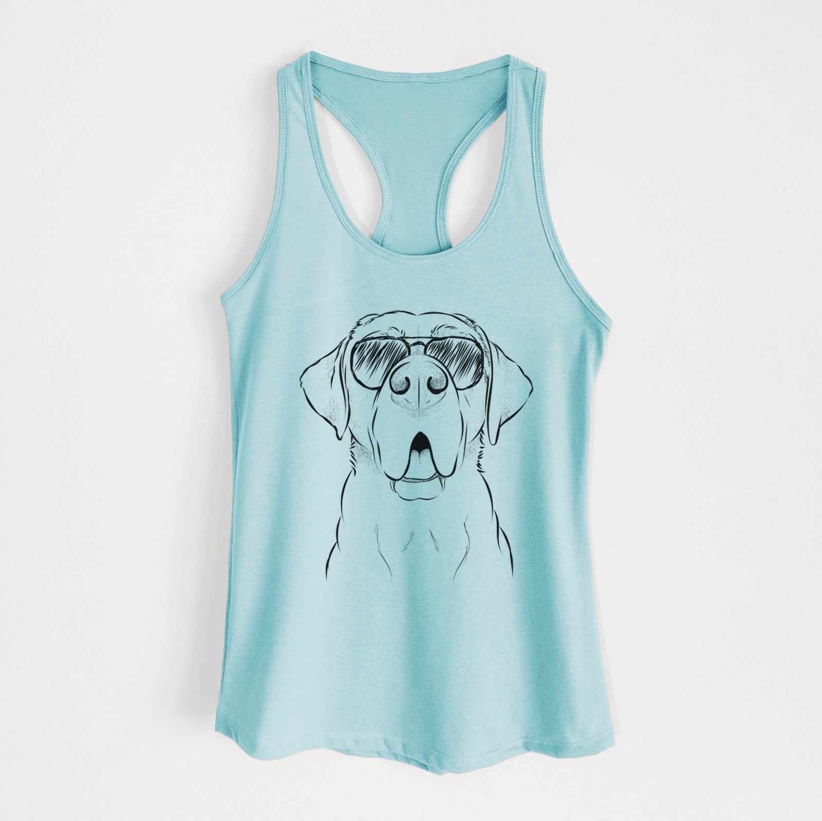 Hand-drawn sketch of Ceasar the Labrador Hound Mix wearing aviator sunglasses on a Cancun Blue Women's racerback tanktop