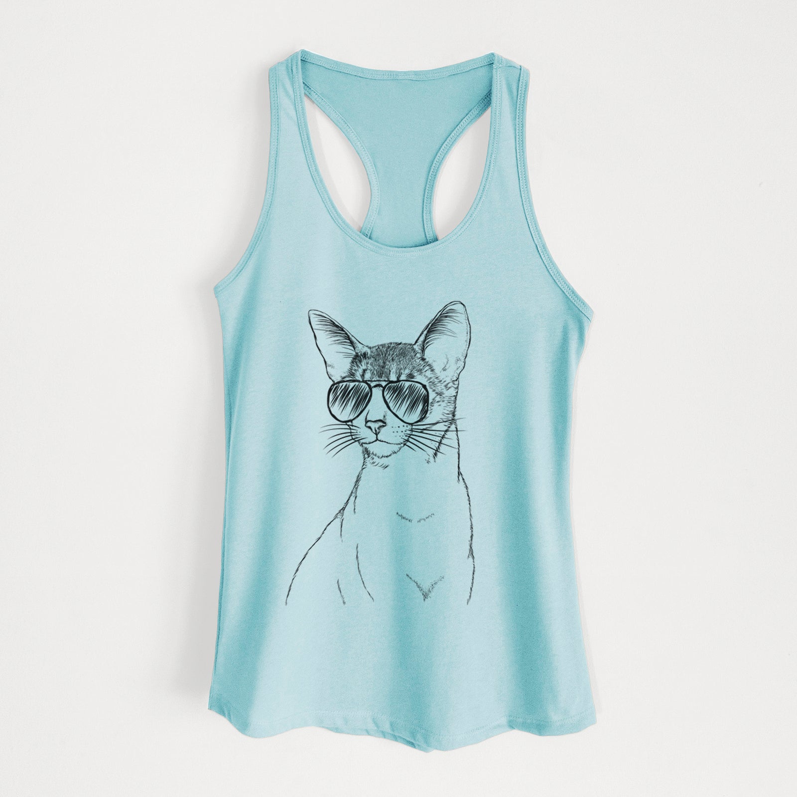 Hand-drawn sketch of Cedric the Abyssinian Cat wearing aviator sunglasses on a Cancun Blue Women's racerback tanktop