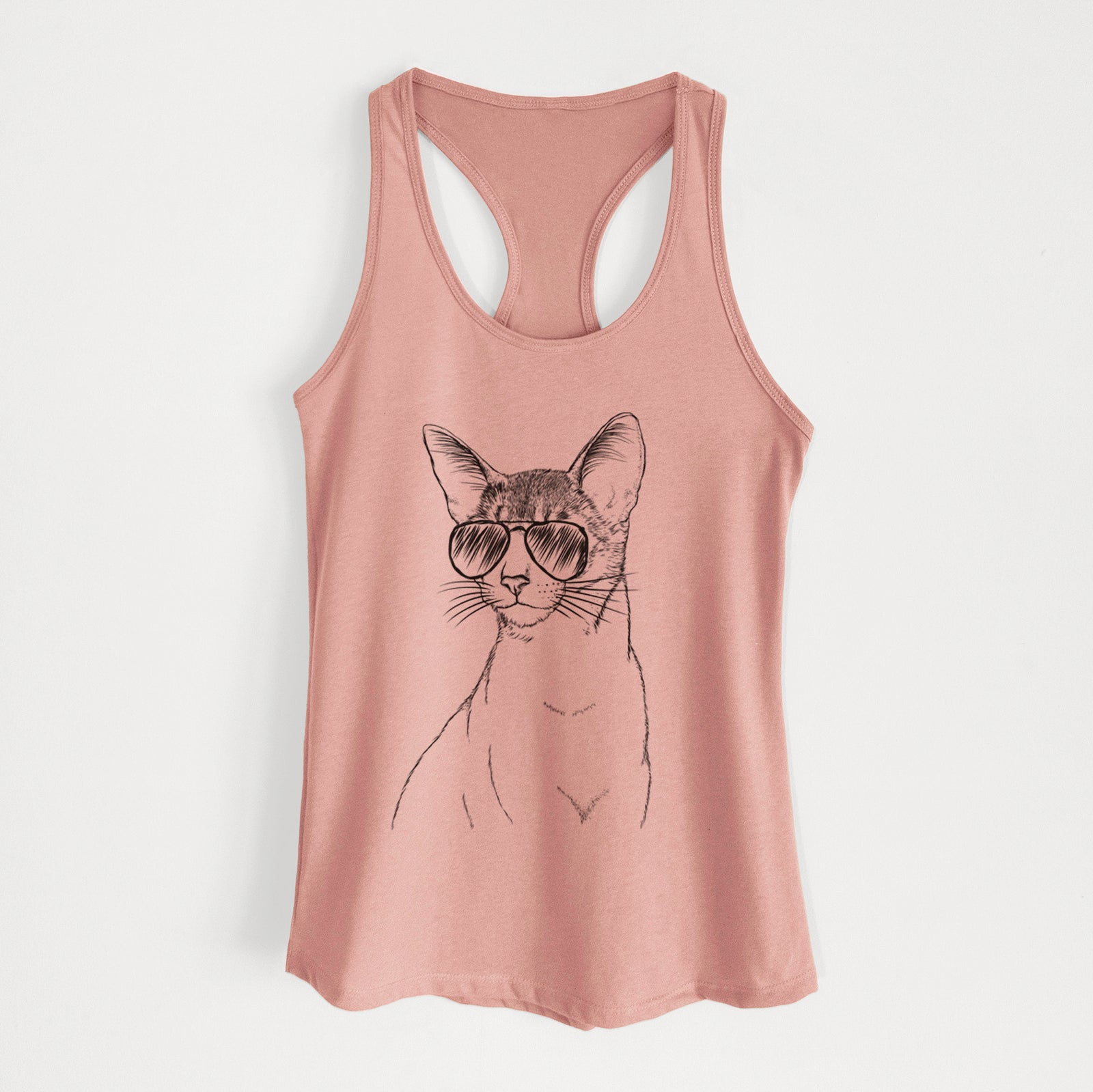 Hand-drawn sketch of Cedric the Abyssinian Cat wearing aviator sunglasses on a Desert Pink Women's racerback tanktop