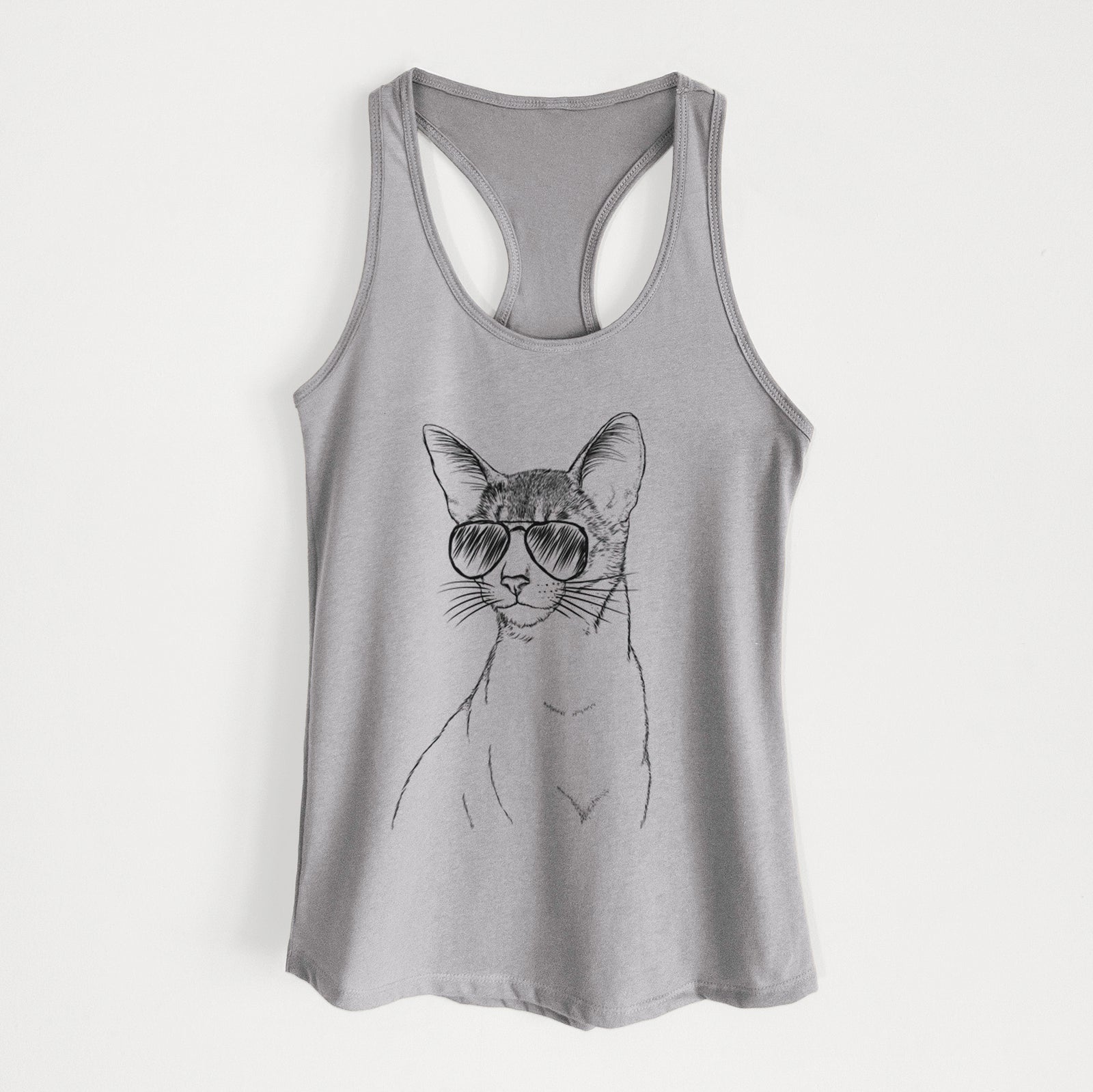 Hand-drawn sketch of Cedric the Abyssinian Cat wearing aviator sunglasses on a Heather Grey Women's racerback tanktop