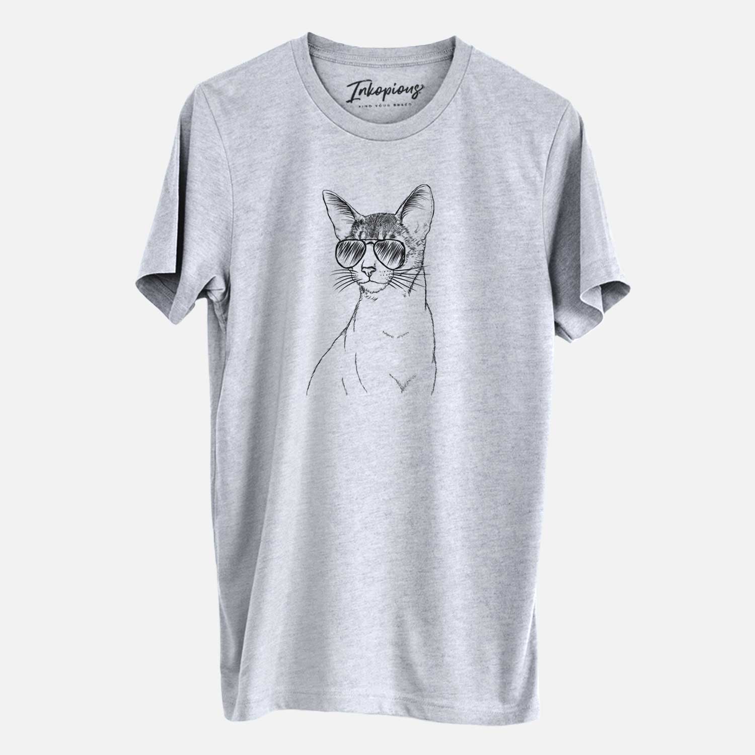 Hand-drawn sketch of Cedric the Abyssinian Cat wearing aviator sunglasses on a Grey Unisex crewneck