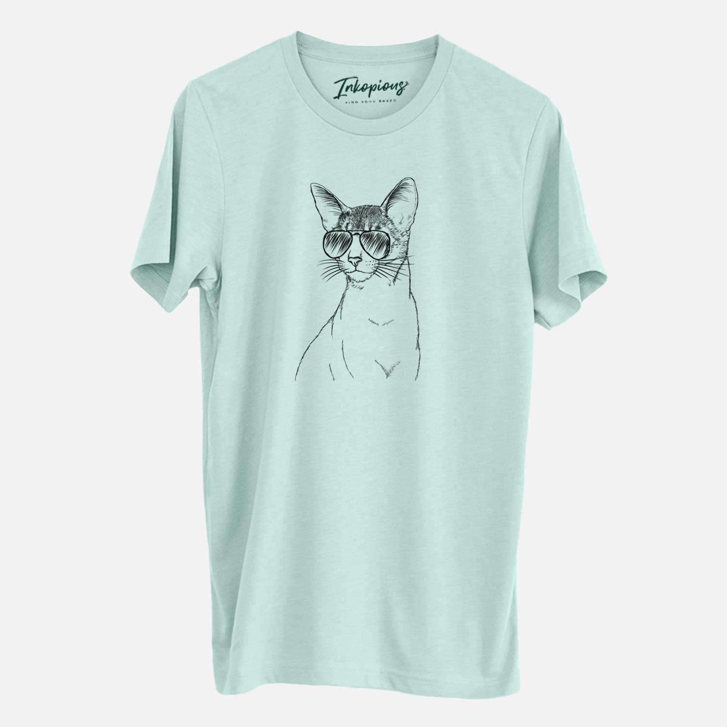 Hand-drawn sketch of Cedric the Abyssinian Cat wearing aviator sunglasses on a Heather Sage Unisex crewneck