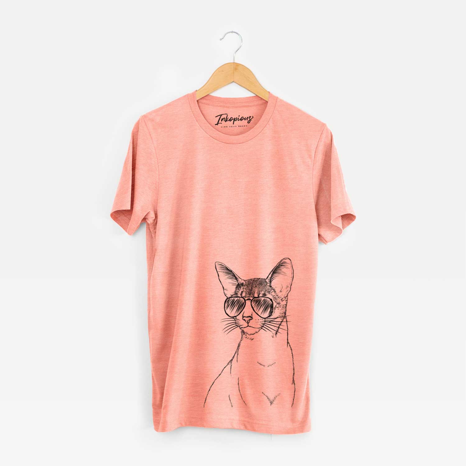 Hand-drawn sketch of Cedric the Abyssinian Cat wearing aviator sunglasses on a Sunset Unisex crewneck