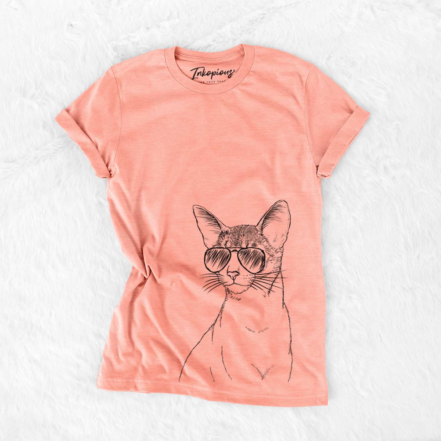 Hand-drawn sketch of Cedric the Abyssinian Cat wearing aviator sunglasses on a Sunset Bella Canvas Unisex Crewneck