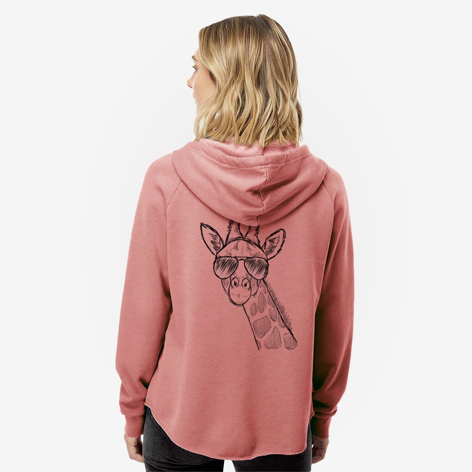 Hand-drawn sketch of Cedrick the Giraffe wearing aviator sunglasses on a Dusty Rose Women's cali wave zip-up sweatshirt