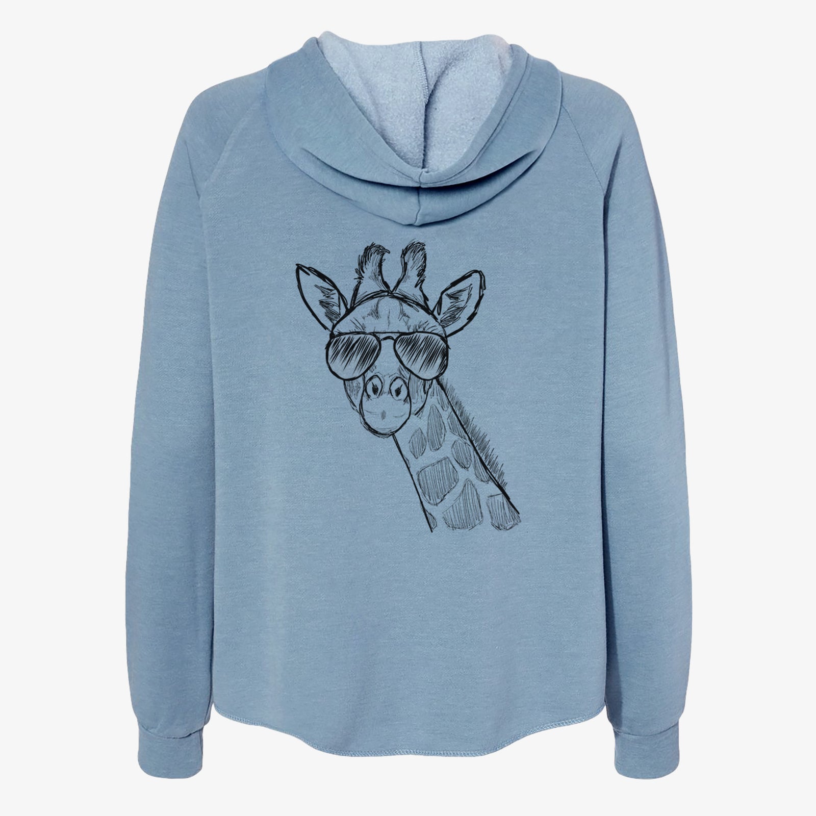 Hand-drawn sketch of Cedrick the Giraffe wearing aviator sunglasses on a Misty Blue Women's cali wave zip-up sweatshirt