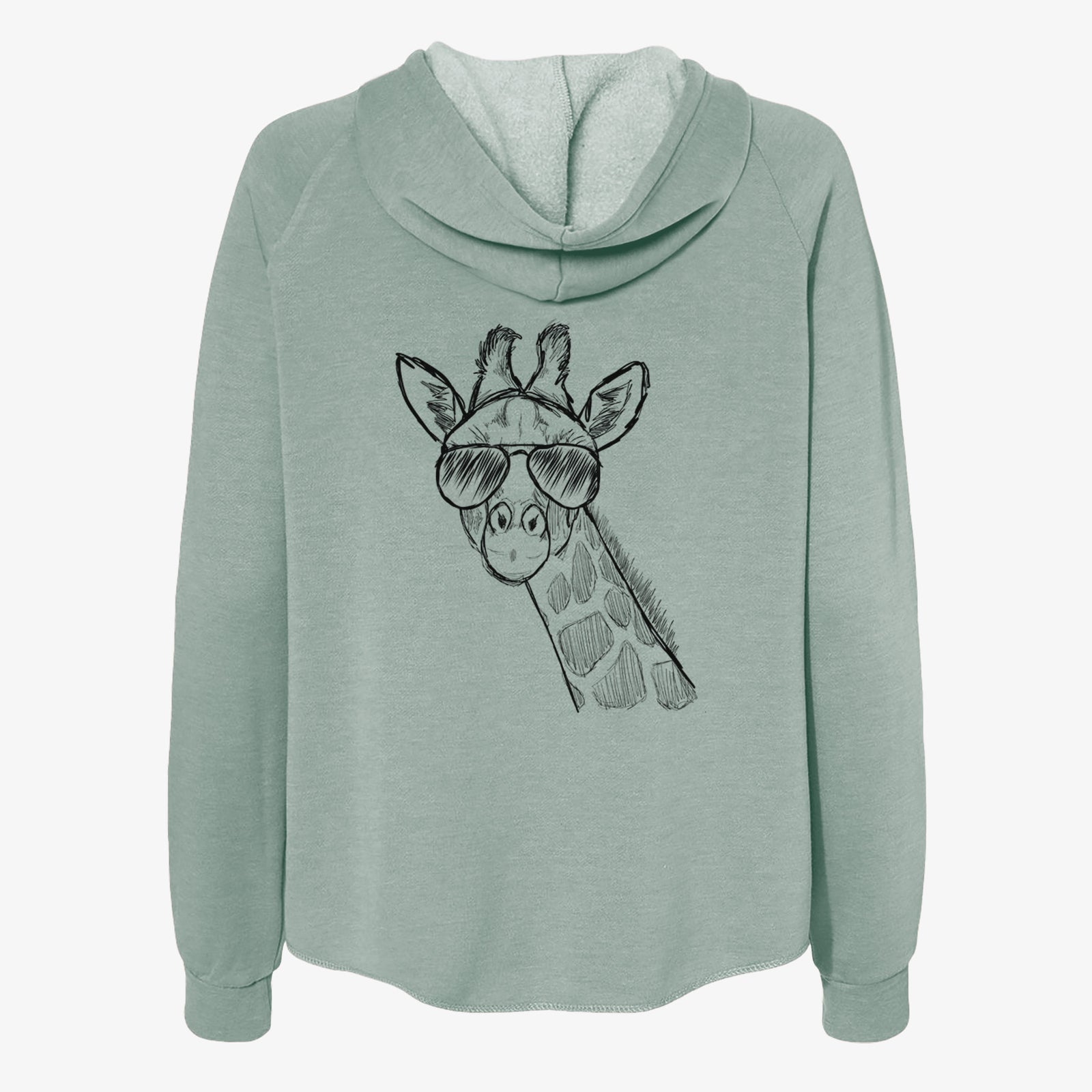 Hand-drawn sketch of Cedrick the Giraffe wearing aviator sunglasses on a Sage Women's cali wave zip-up sweatshirt