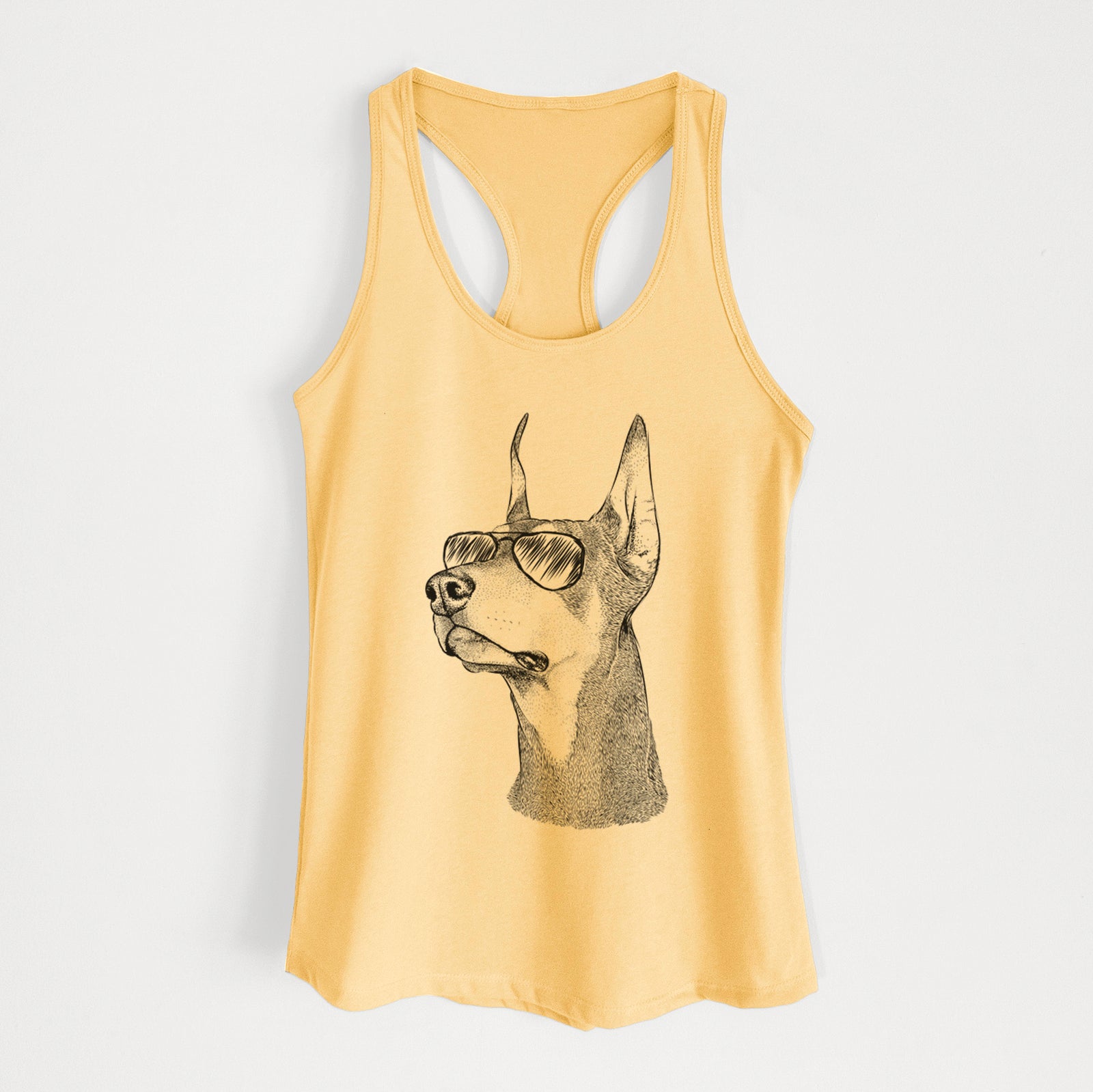 Hand-drawn sketch of Cenza the Doberman Pinscher wearing aviator sunglasses on a Banana Cream Women's racerback tanktop