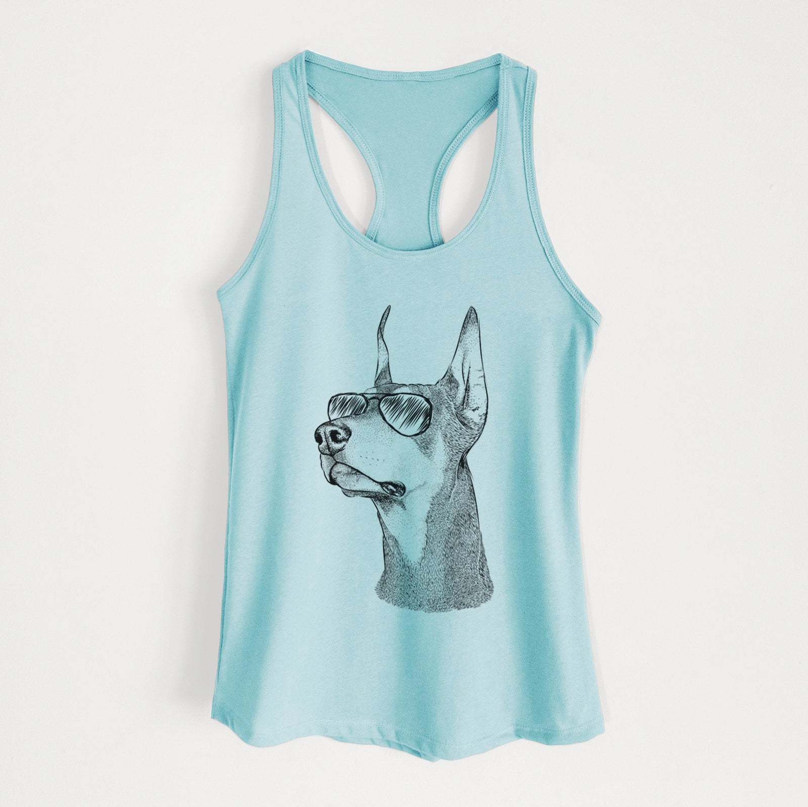 Hand-drawn sketch of Cenza the Doberman Pinscher wearing aviator sunglasses on a Cancun Blue Women's racerback tanktop