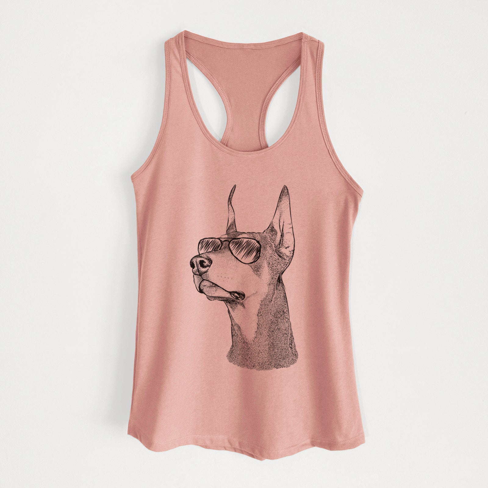 Hand-drawn sketch of Cenza the Doberman Pinscher wearing aviator sunglasses on a Desert Pink Women's racerback tanktop