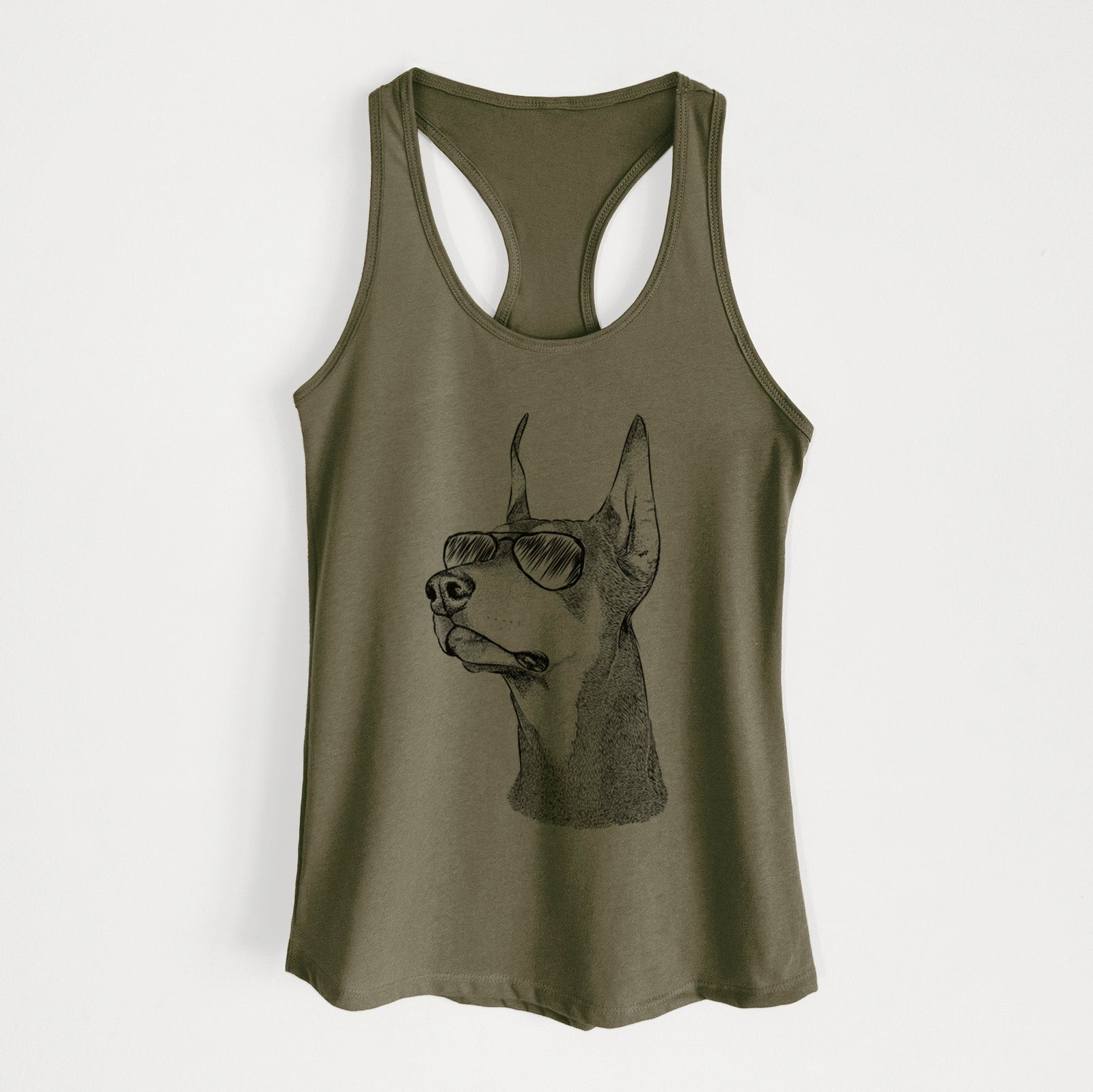 Hand-drawn sketch of Cenza the Doberman Pinscher wearing aviator sunglasses on a Military Green Women's racerback tanktop