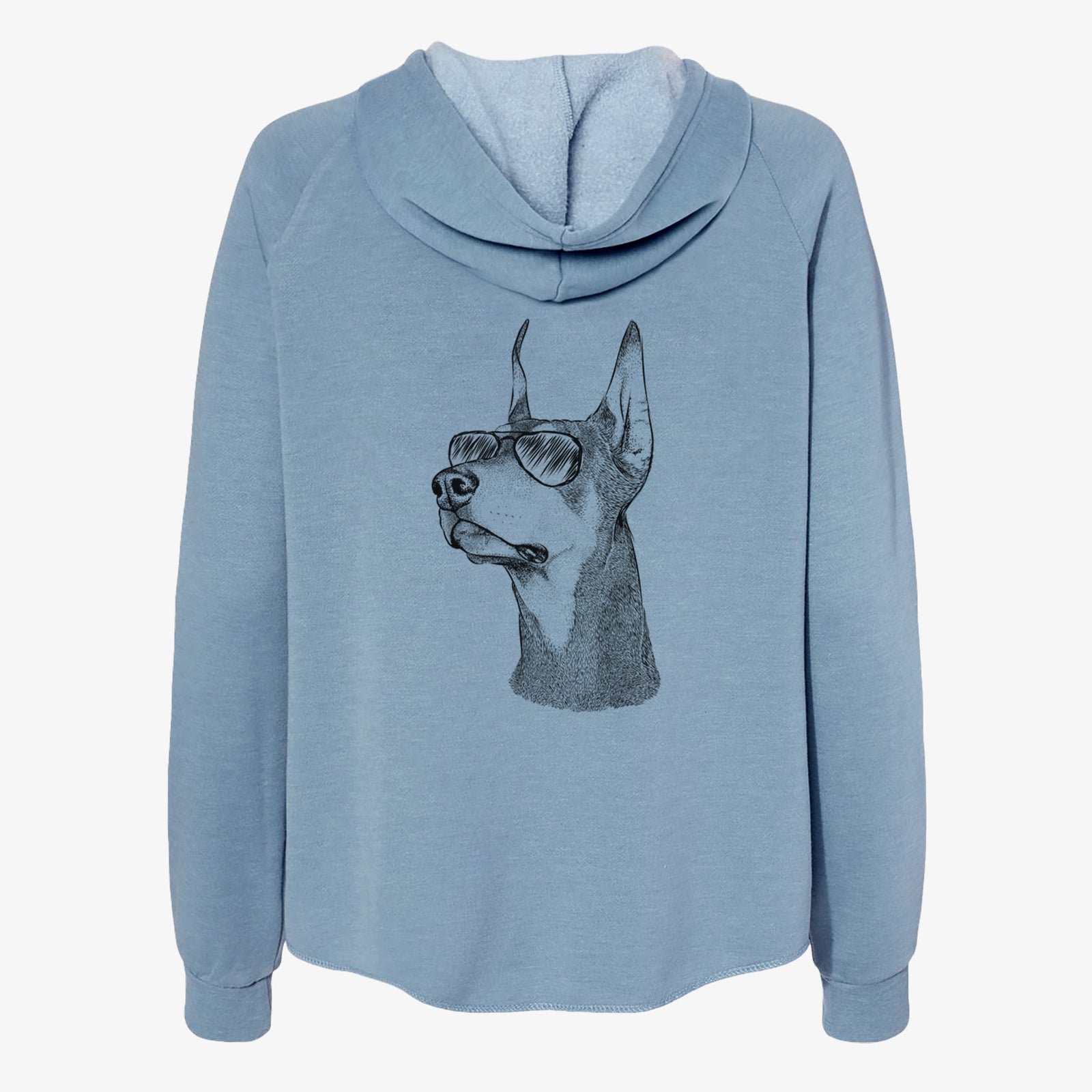 Hand-drawn sketch of Cenza the Doberman Pinscher wearing aviator sunglasses on a Misty Blue Women's cali wave zip-up sweatshirt