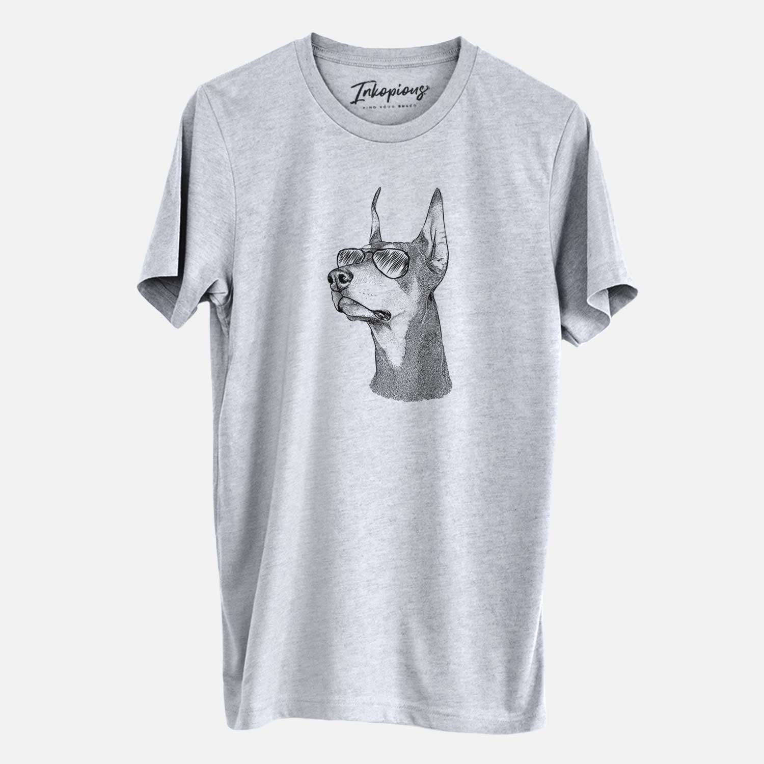 Hand-drawn sketch of Cenza the Doberman Pinscher wearing aviator sunglasses on a Grey Unisex crewneck