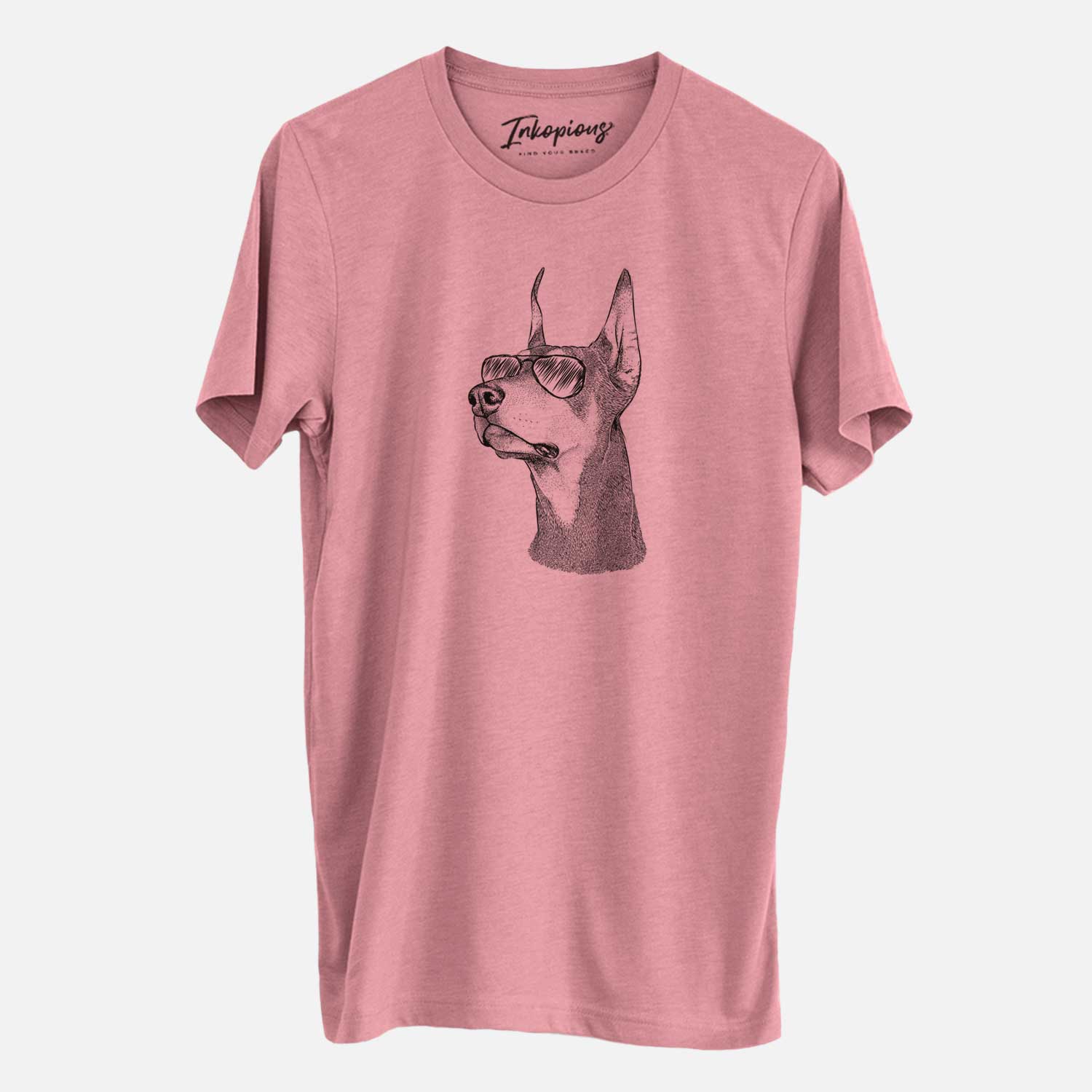 Hand-drawn sketch of Cenza the Doberman Pinscher wearing aviator sunglasses on a Mauve Unisex crewneck