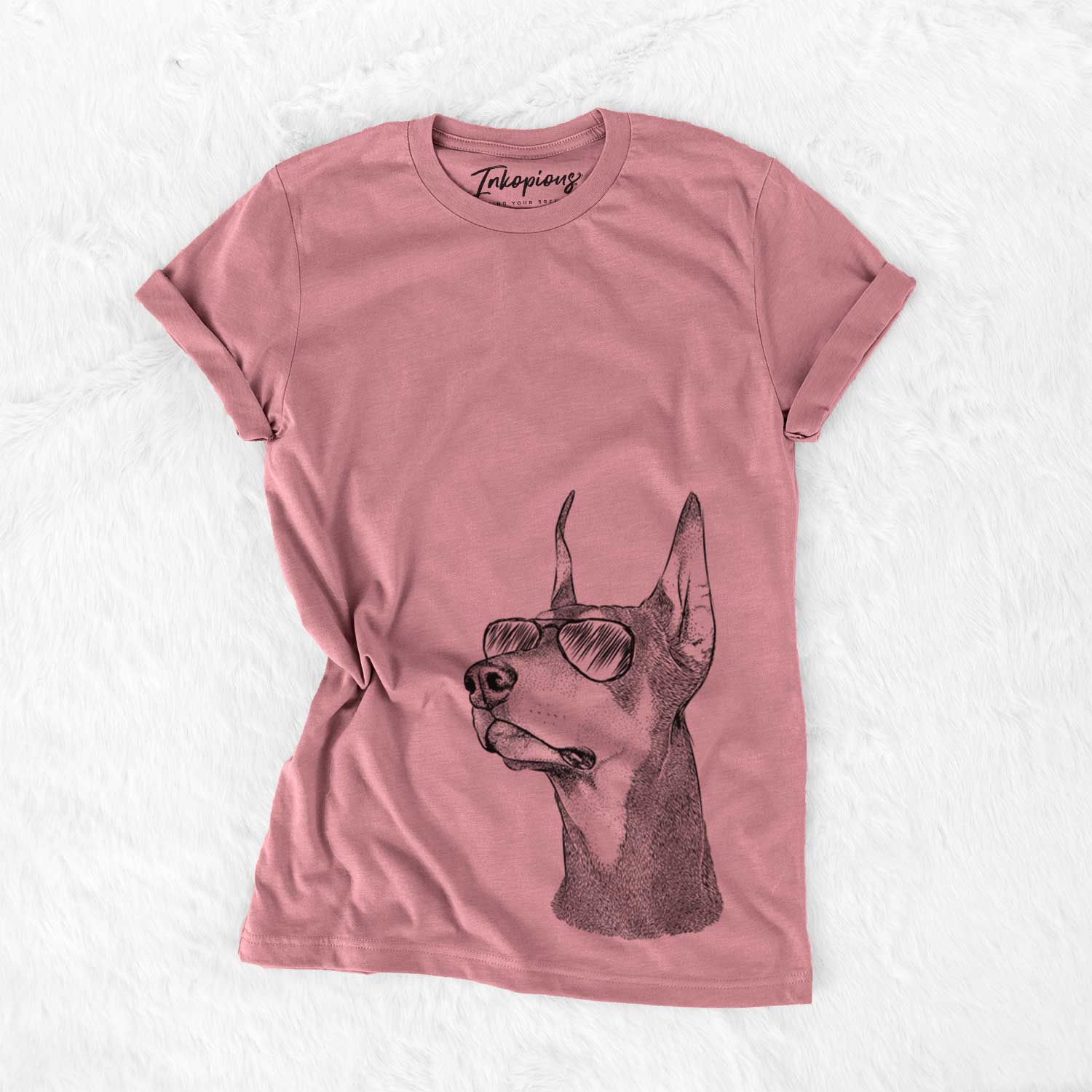 Hand-drawn sketch of Cenza the Doberman Pinscher wearing aviator sunglasses on a Mauve Unisex crewneck