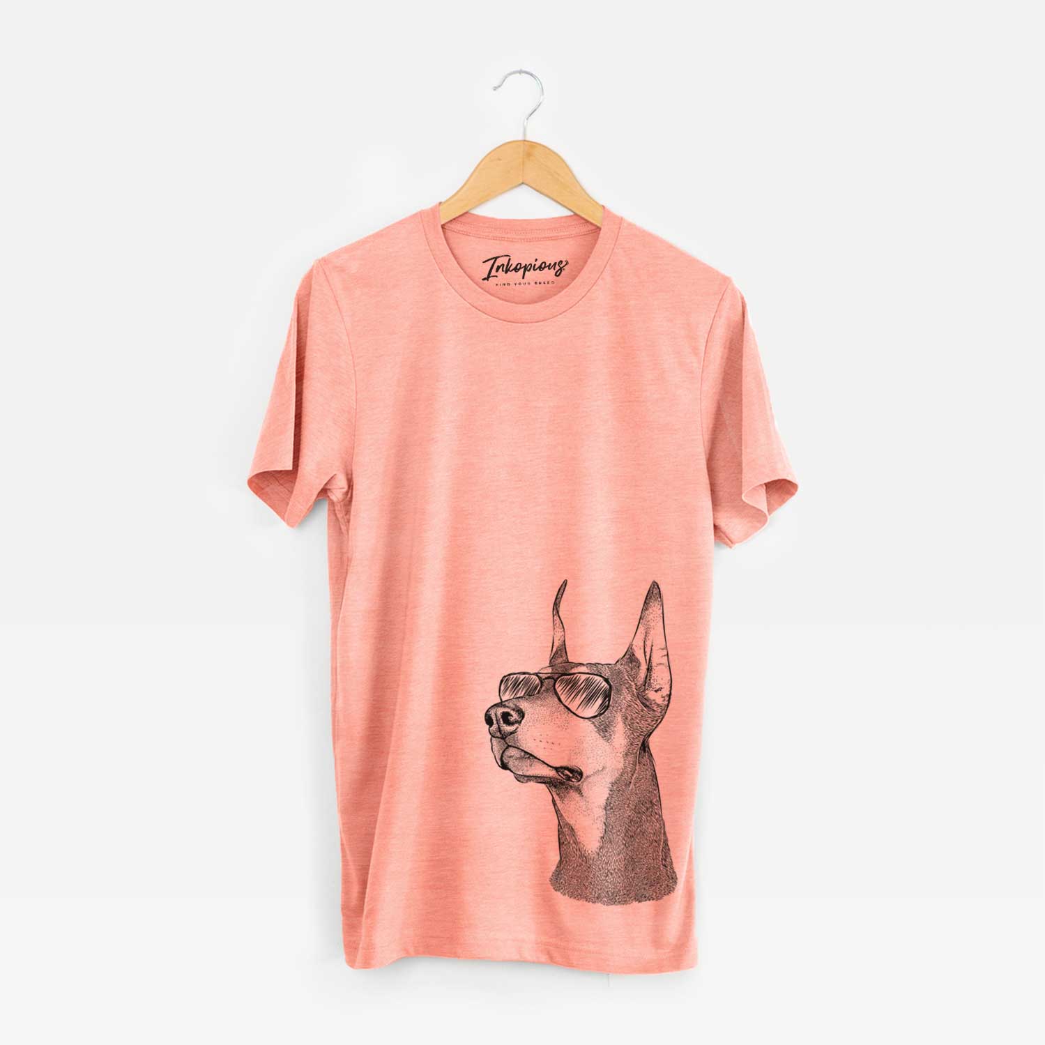 Hand-drawn sketch of Cenza the Doberman Pinscher wearing aviator sunglasses on a Sunset Unisex crewneck