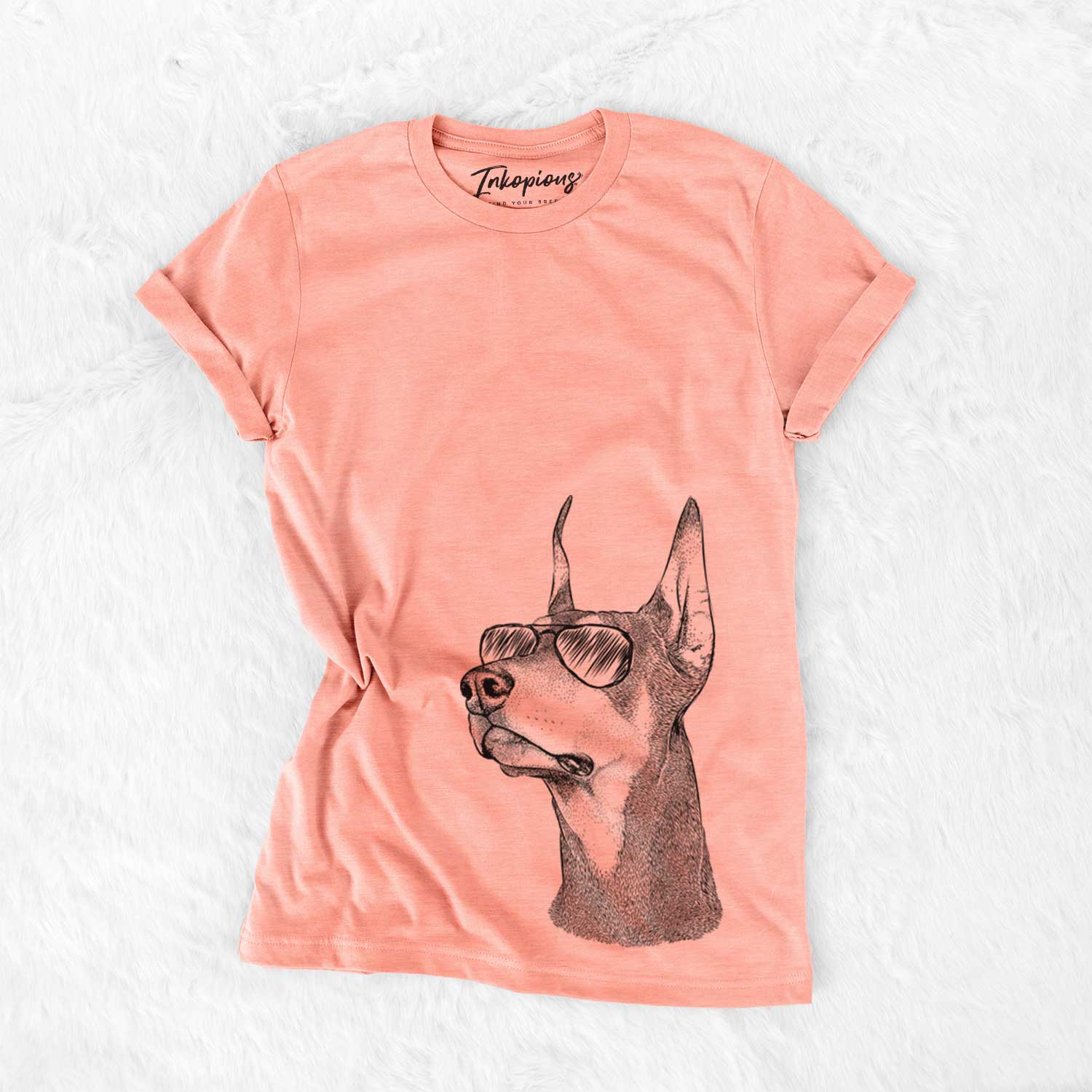 Hand-drawn sketch of Cenza the Doberman Pinscher wearing aviator sunglasses on a Sunset Bella Canvas Unisex Crewneck