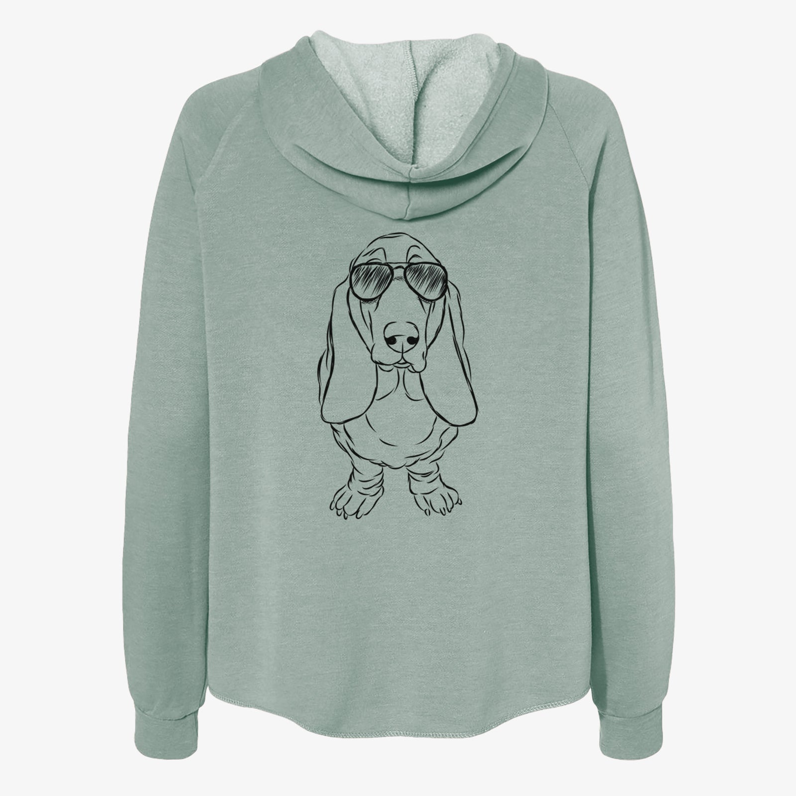 Hand-drawn sketch of Charlie the Basset Hound wearing aviator sunglasses on a Sage Women's cali wave zip-up sweatshirt