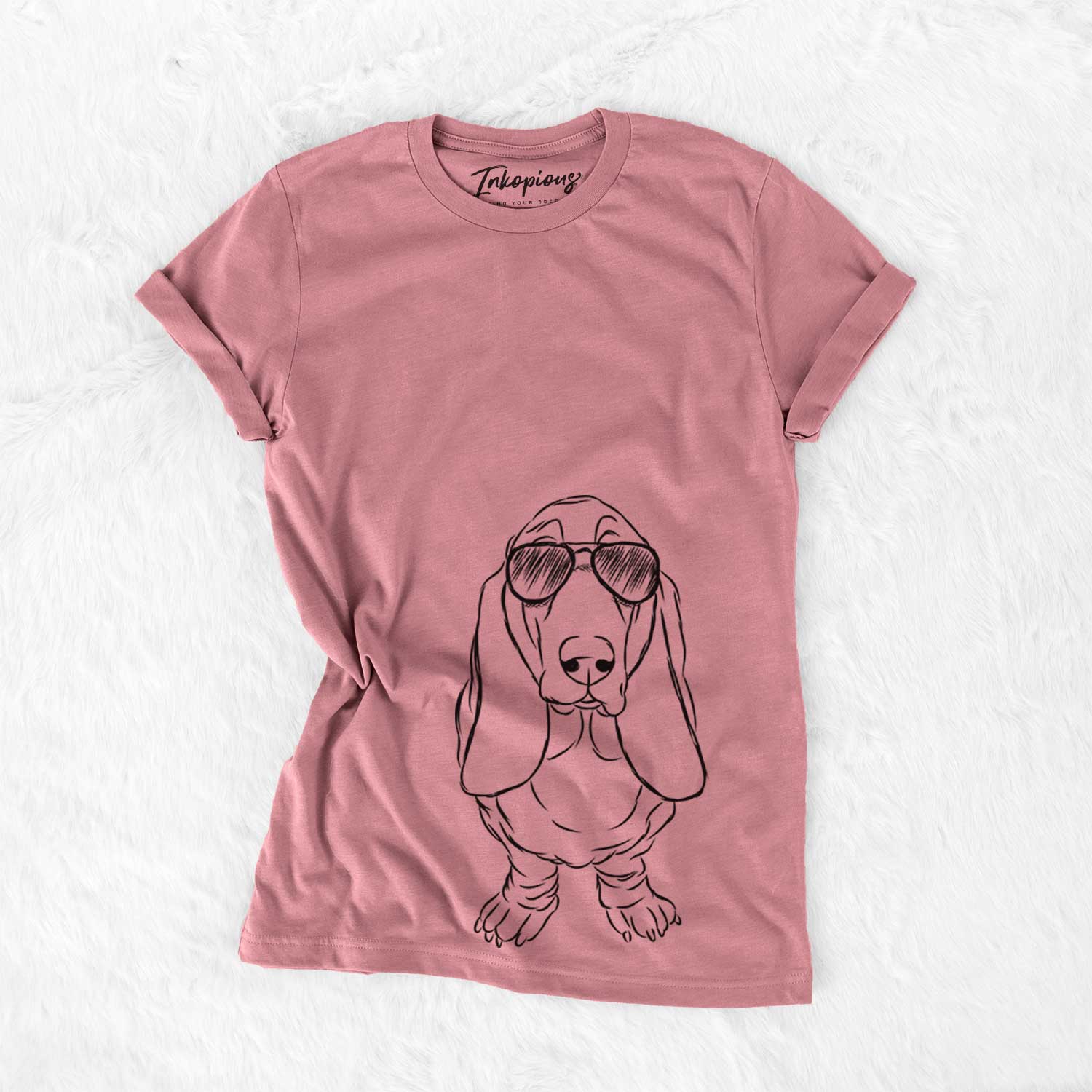 Hand-drawn sketch of Charlie the Basset Hound wearing aviator sunglasses on a Mauve Bella Canvas Unisex Crewneck