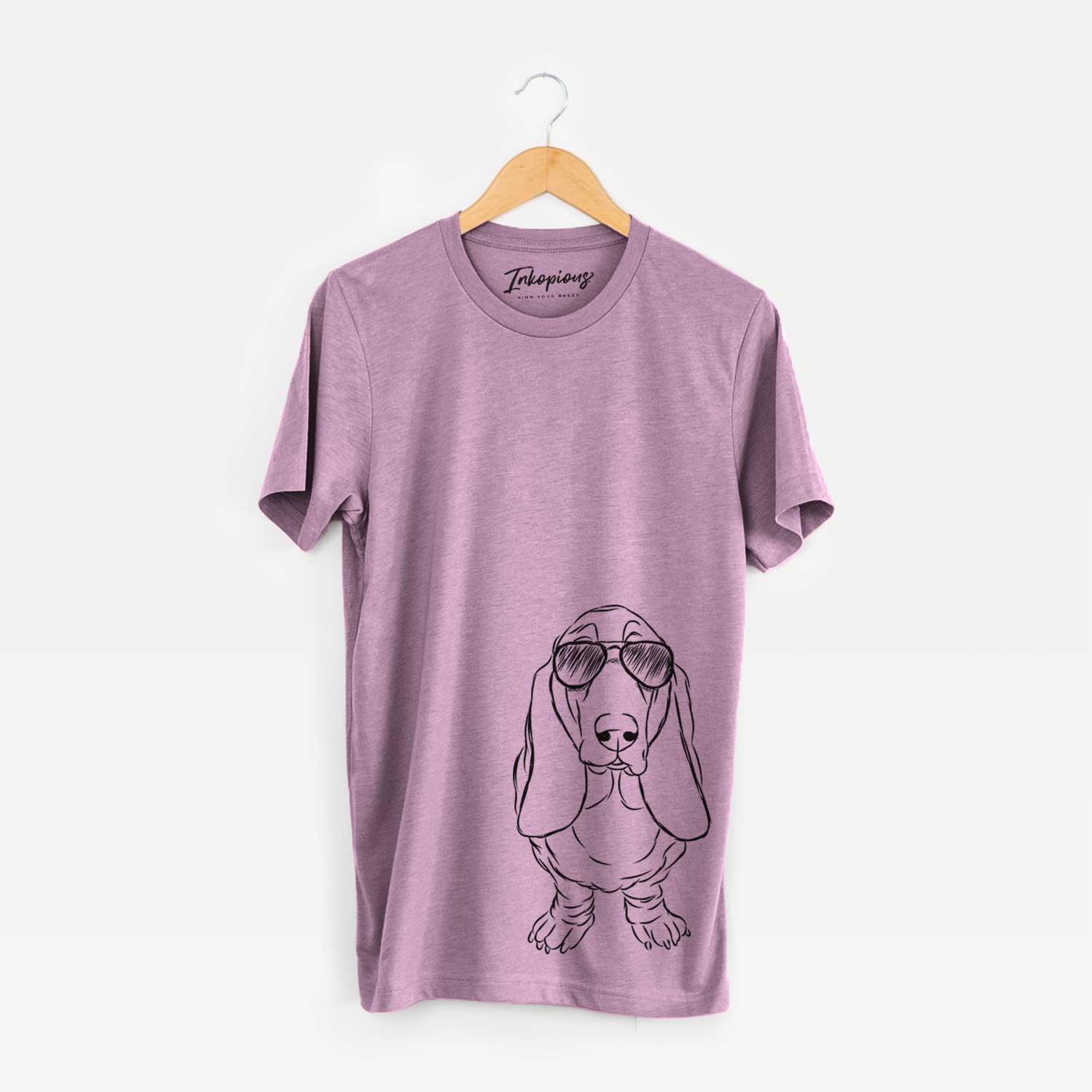 Hand-drawn sketch of Charlie the Basset Hound wearing aviator sunglasses on an Orchid Bella Canvas Unisex Crewneck