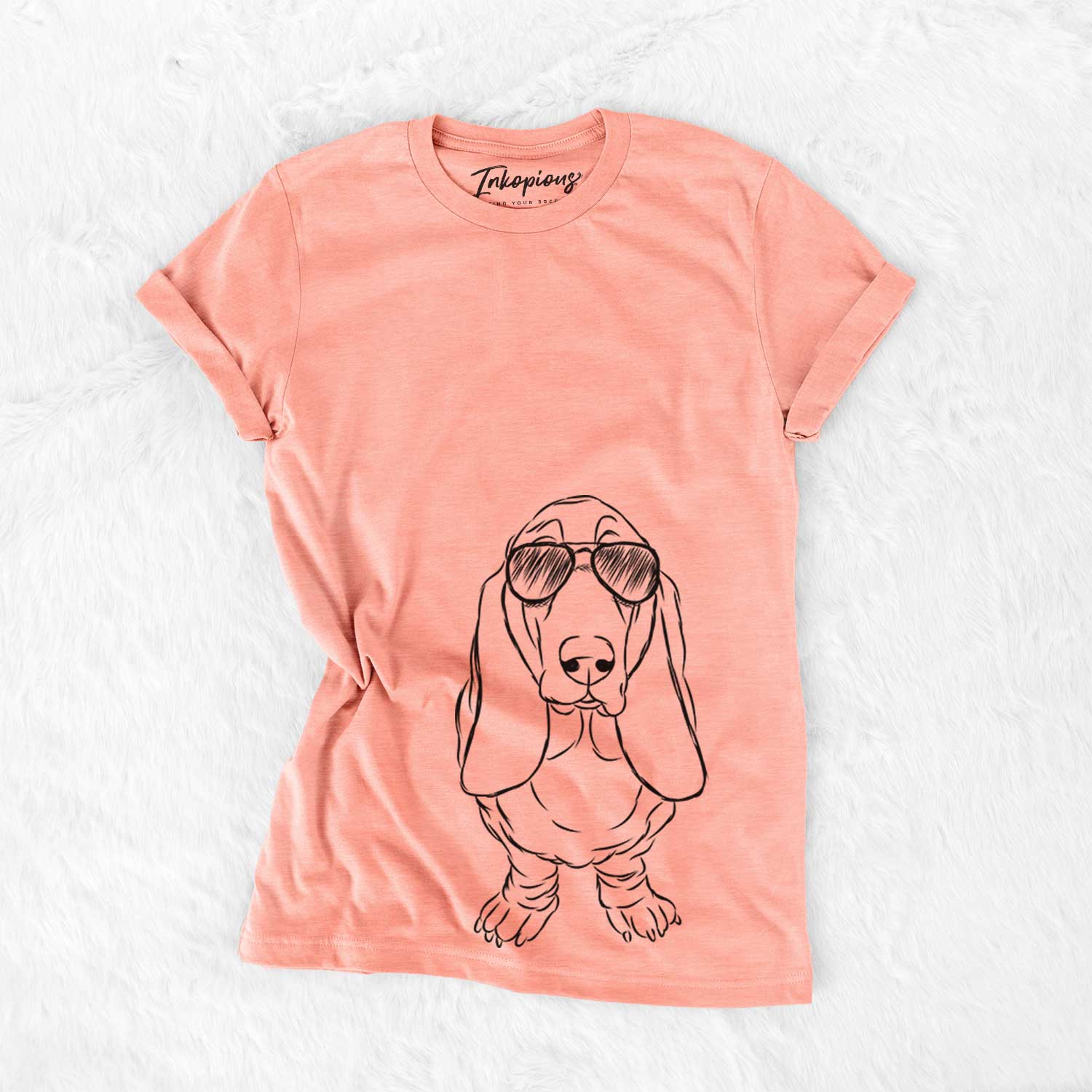 Hand-drawn sketch of Charlie the Basset Hound wearing aviator sunglasses on a Sunset Bella Canvas Unisex Crewneck