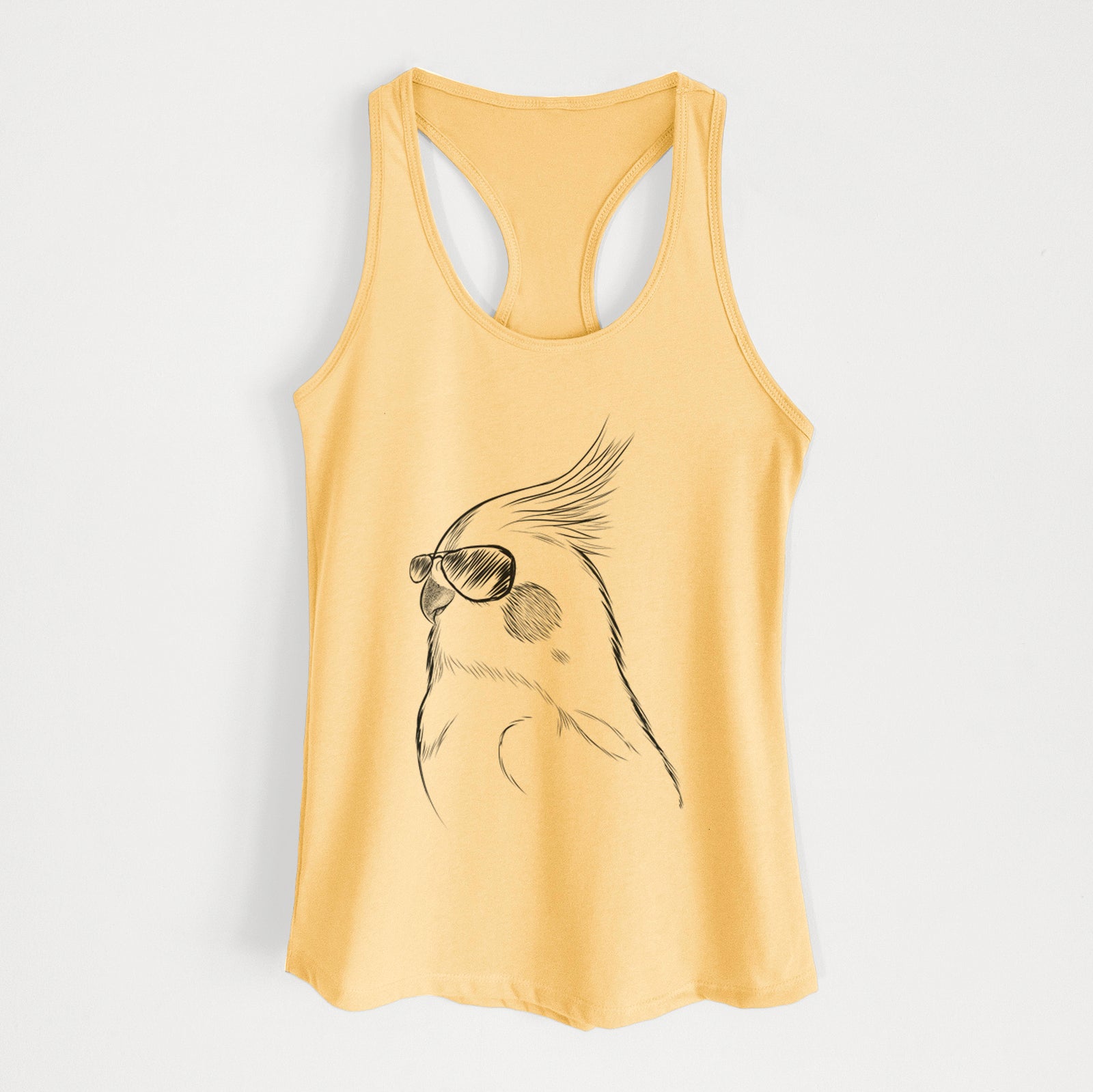 Hand-drawn sketch of Charlie the Cockatiel wearing aviator sunglasses on a Banana Cream Women's racerback tanktop
