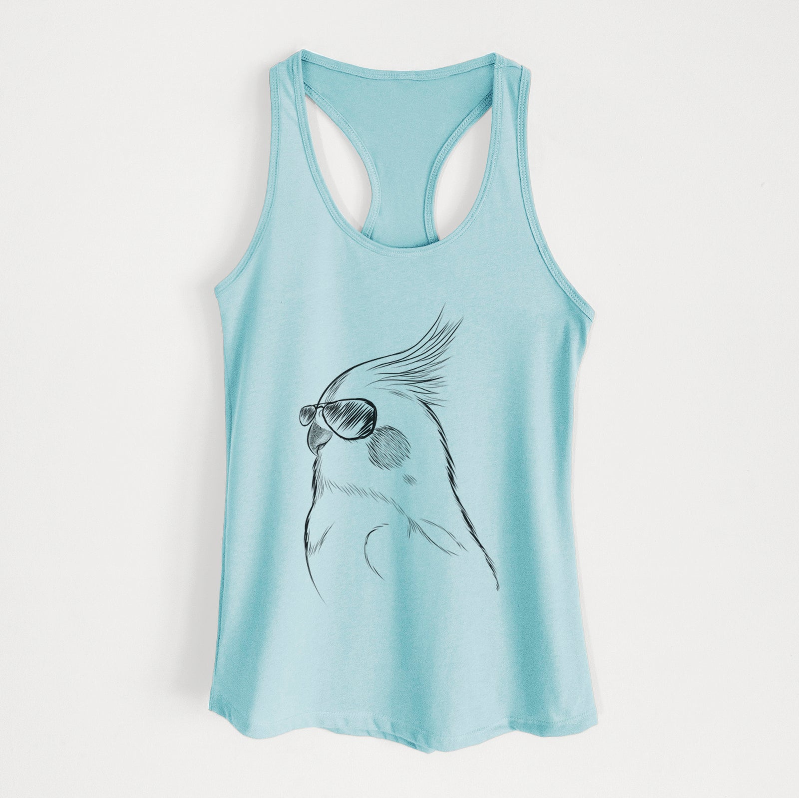 Hand-drawn sketch of Charlie the Cockatiel wearing aviator sunglasses on a Cancun Blue Women's racerback tanktop