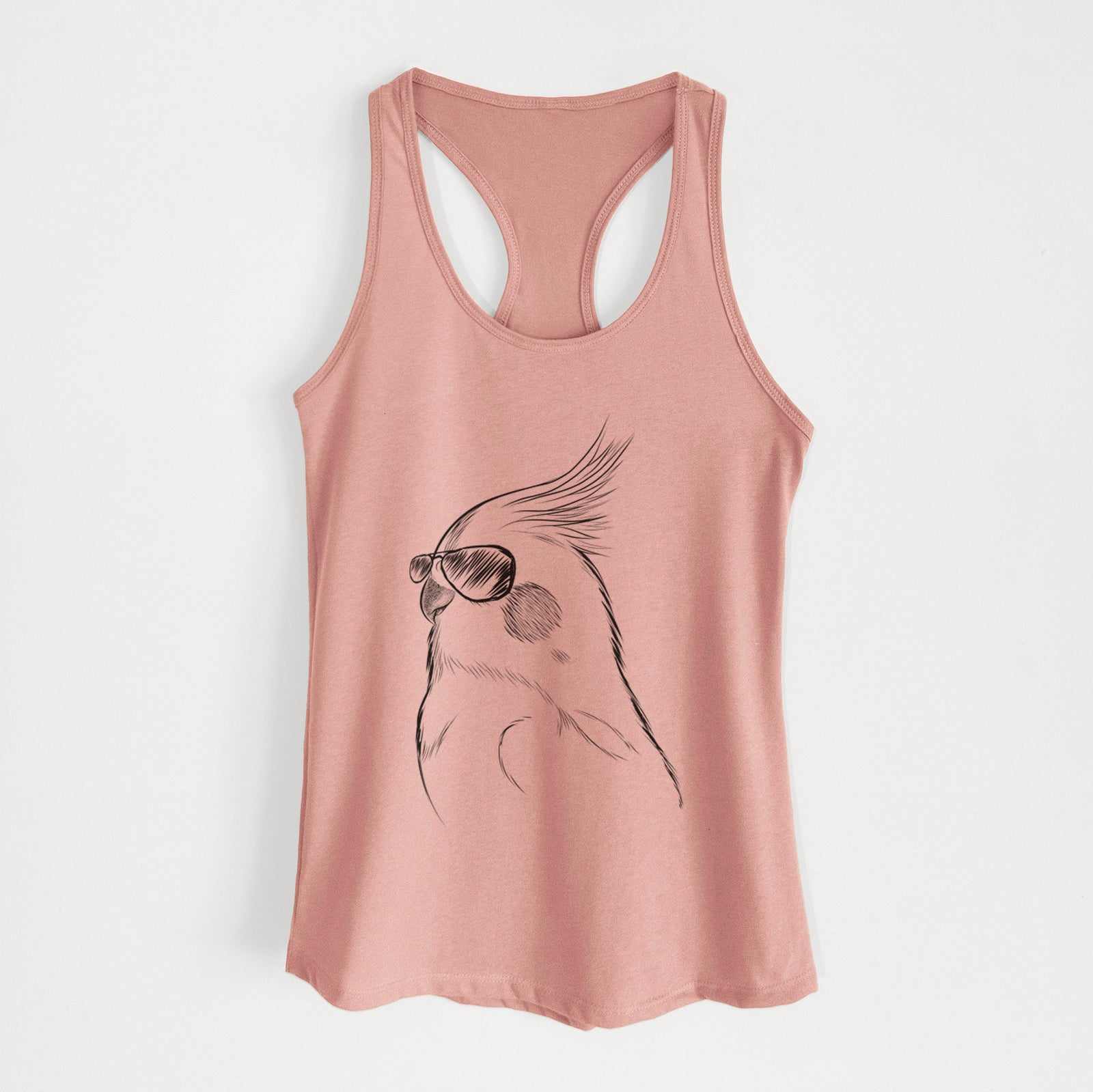 Hand-drawn sketch of Charlie the Cockatiel wearing aviator sunglasses on a Desert Pink Women's racerback tanktop