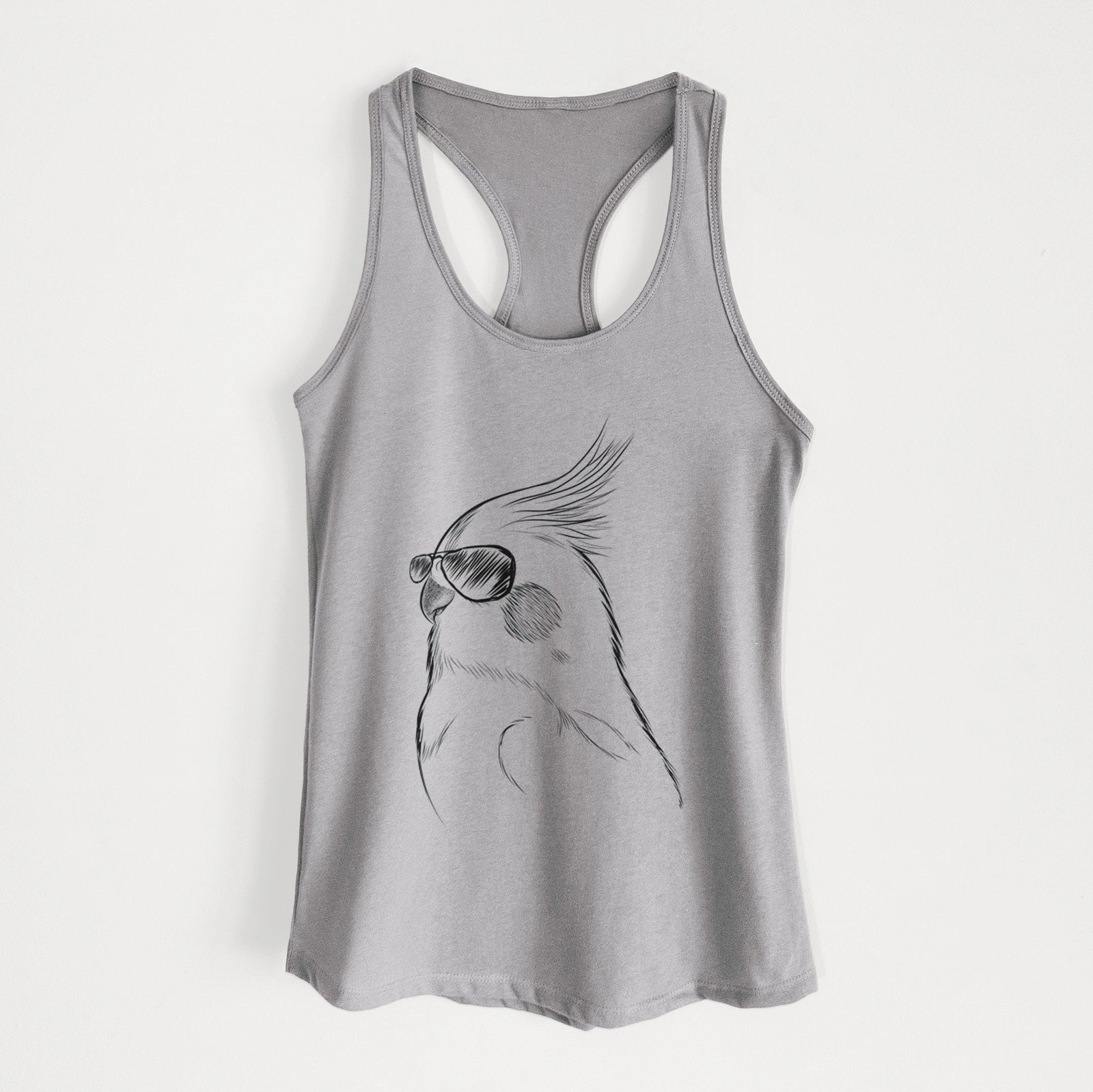 Hand-drawn sketch of Charlie the Cockatiel wearing aviator sunglasses on a Heather Grey Women's racerback tanktop