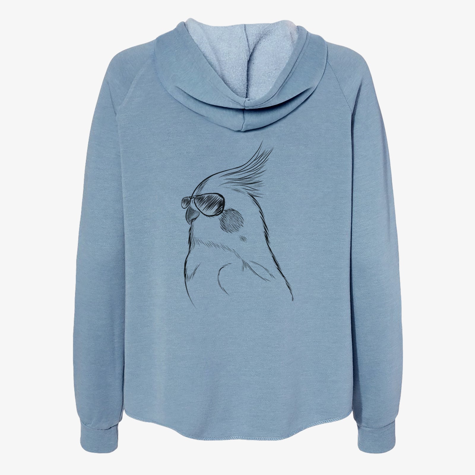 Hand-drawn sketch of Charlie the Cockatiel wearing aviator sunglasses on a Misty Blue Women's cali wave zip-up sweatshirt