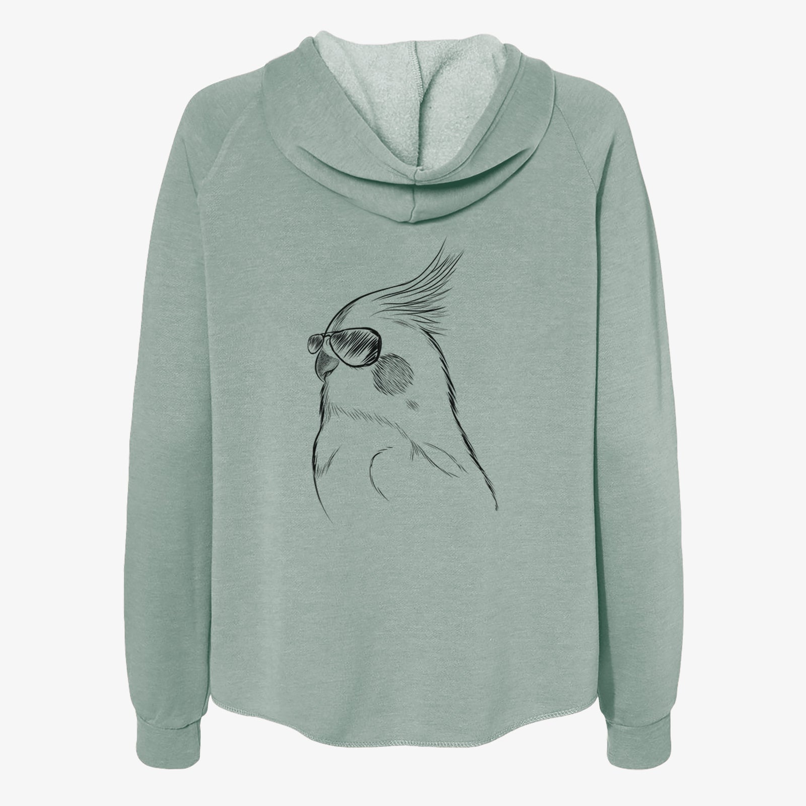 Hand-drawn sketch of Charlie the Cockatiel wearing aviator sunglasses on a Sage Women's cali wave zip-up sweatshirt