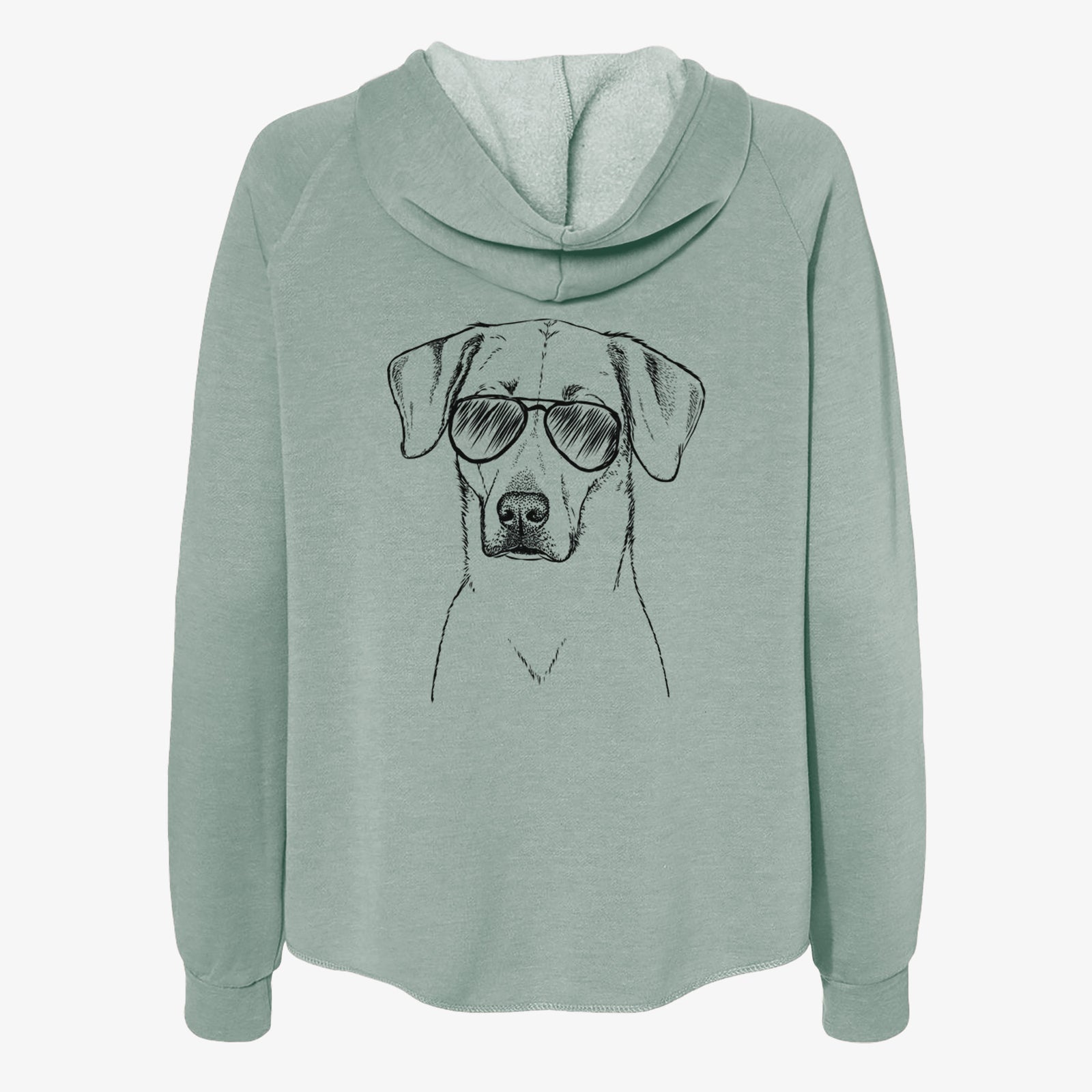 Hand-drawn sketch of Charlie Girl the Yellow Lab wearing aviator sunglasses on a Sage Women's cali wave zip-up sweatshirt