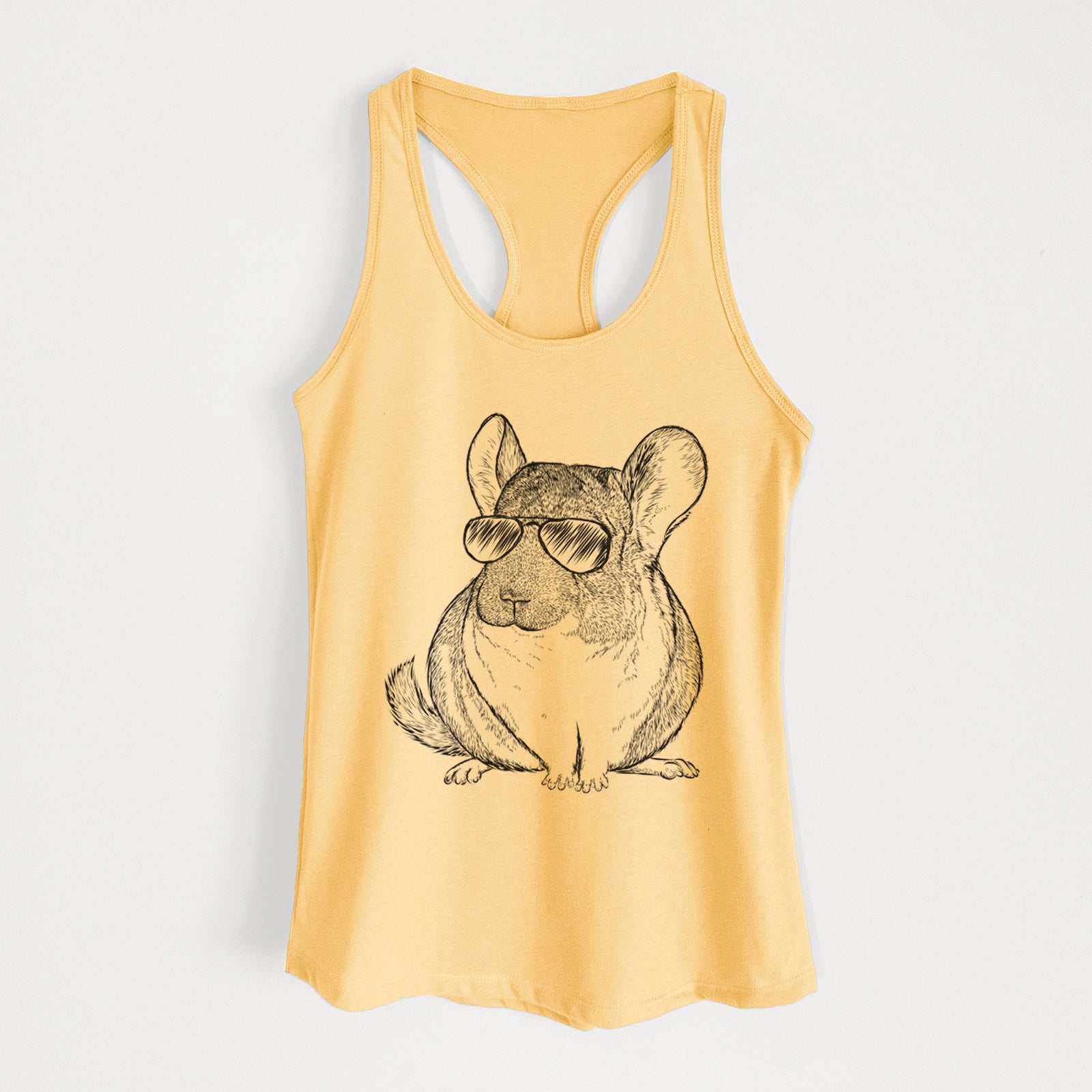 Hand-drawn sketch of Cheddar the Chinchilla wearing aviator sunglasses on a Banana Cream Women's racerback tanktop