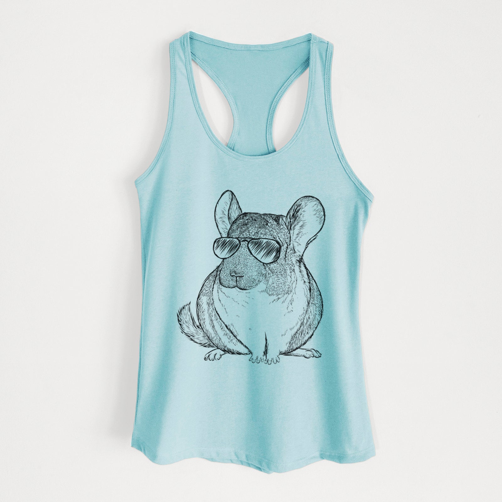 Hand-drawn sketch of Cheddar the Chinchilla wearing aviator sunglasses on a Cancun Blue Women's racerback tanktop