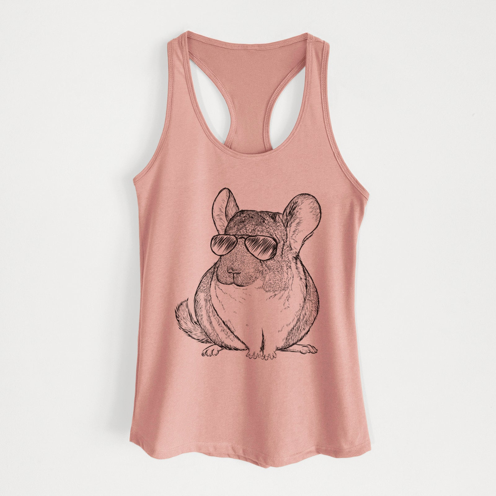 Hand-drawn sketch of Cheddar the Chinchilla wearing aviator sunglasses on a Desert Pink Women's racerback tanktop