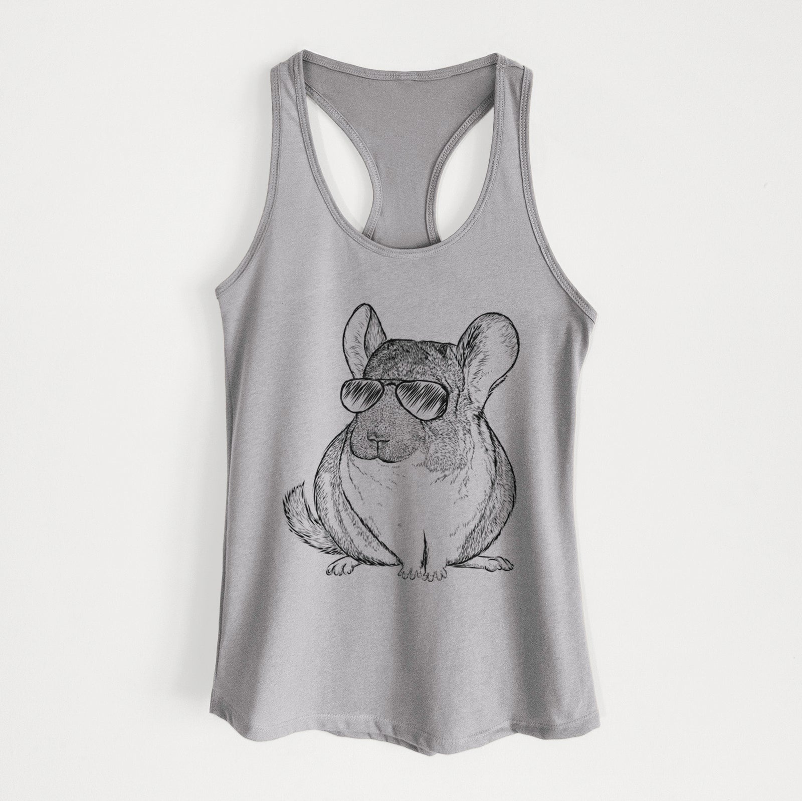 Hand-drawn sketch of Cheddar the Chinchilla wearing aviator sunglasses on a Heather Grey Women's racerback tanktop